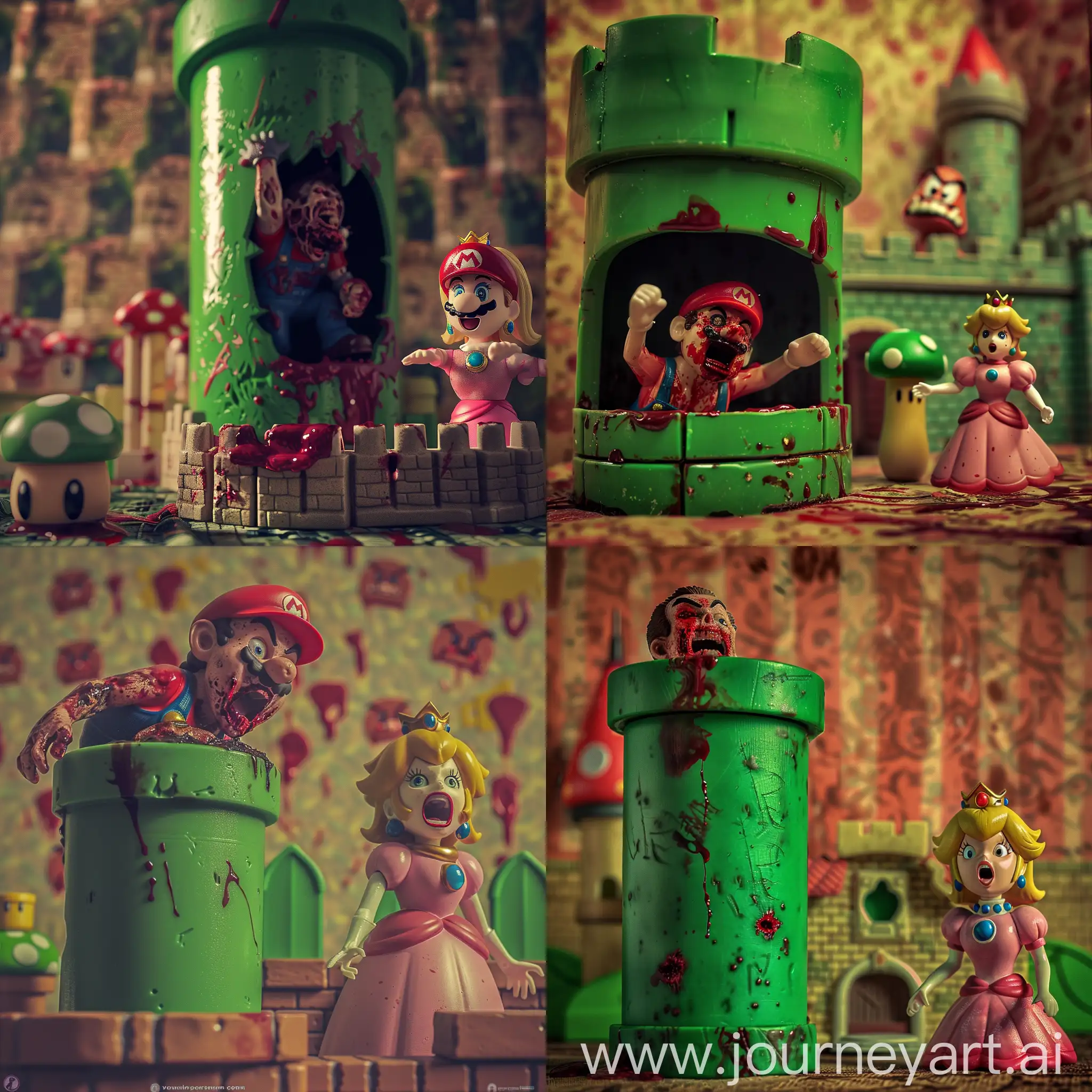 Background: Mario the zombie climbs out of green cylinder, covered in blood. Foreground: Princess Peach Toadstool terrified, scream and cry, the interior of a toy castle, grunge style effect, photo style inspired by 2002 movie The Bell.