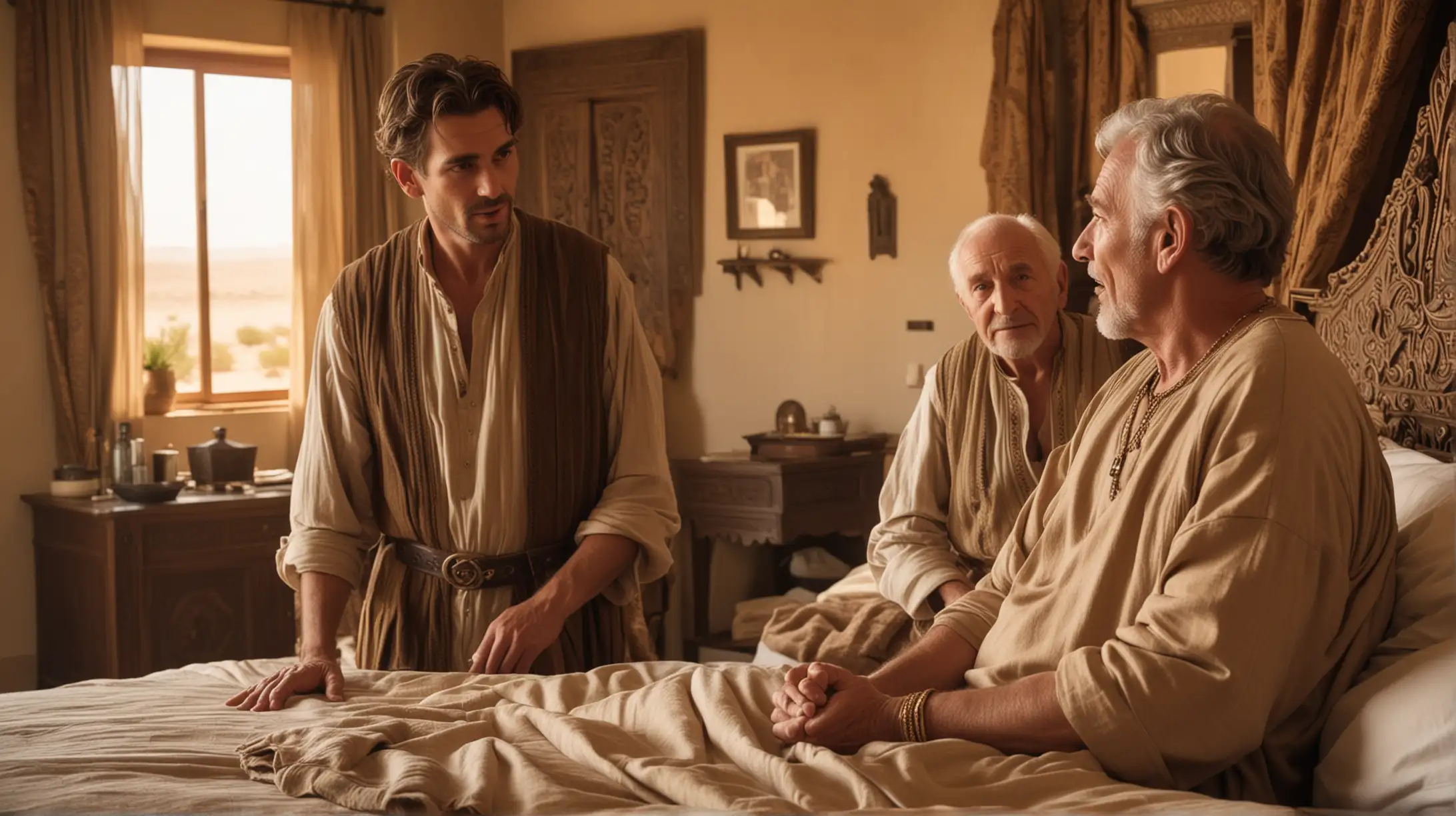 Generational Conversation Handsome Son Speaks with Elderly Father in Luxurious Desert Bedroom King David Era
