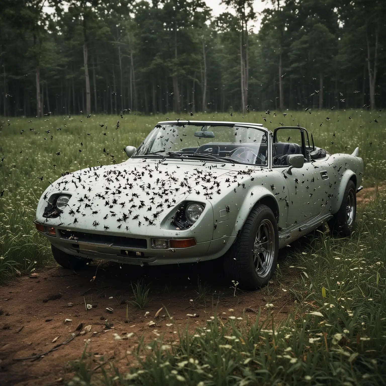 Make this same image but with a nice sports car fully covered in mosquitos make it A LOT of mosquitos