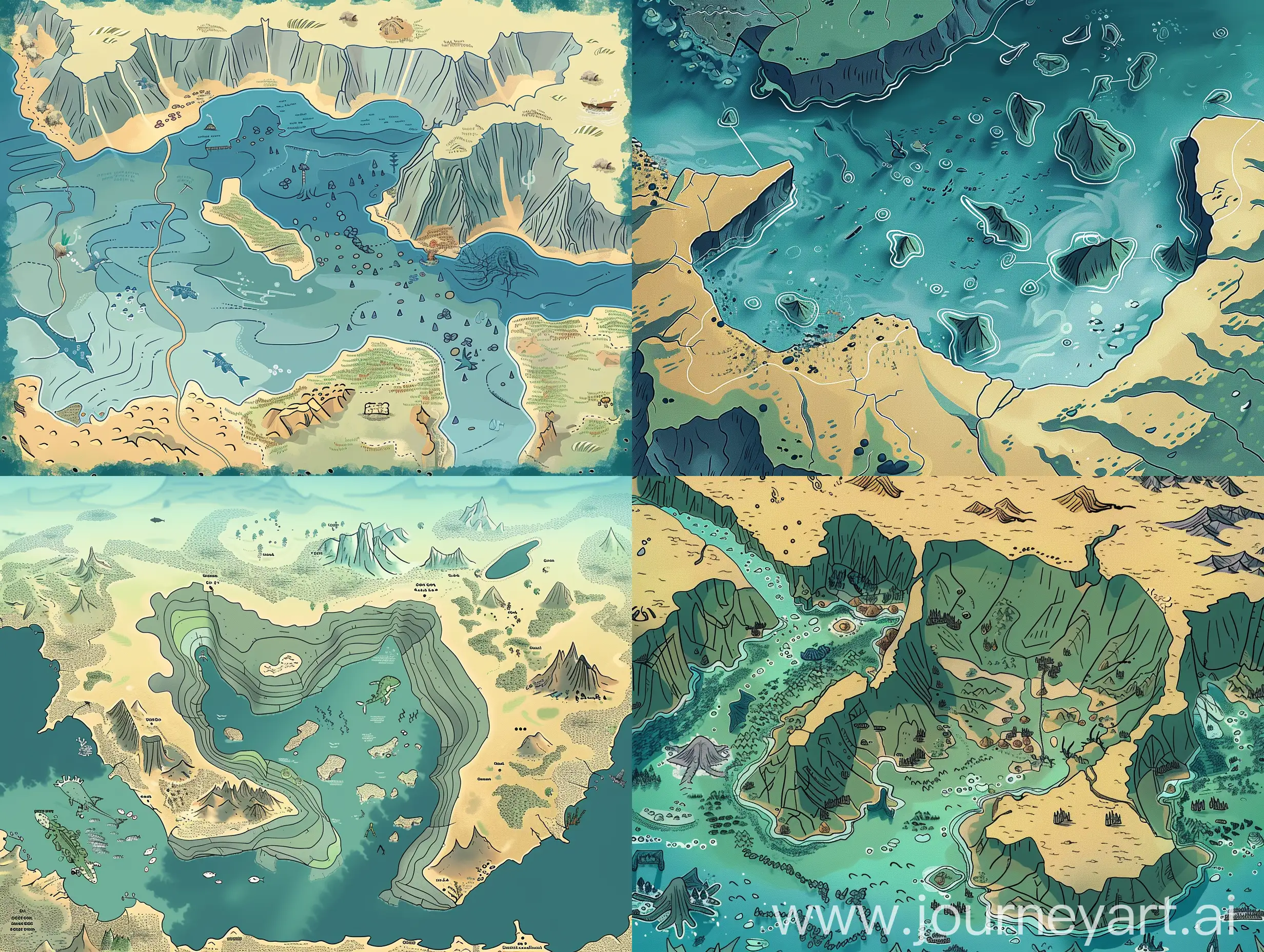 undersea topography, nice color scheme, undersea landforms, sandbox, illustration style, flat style, magazine graphics, top view, third person perspective, Large map with lots of terrain detail, half underwater