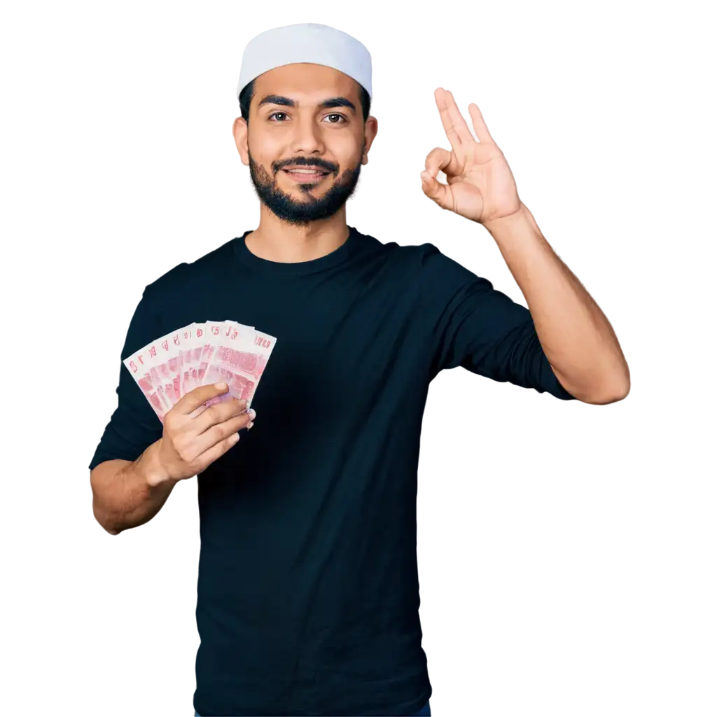 Wealthy-Muslim-Man-with-White-Cap-Displays-Piles-of-Indonesian-Red-100000-Rupiah-Money-in-HighQuality-PNG-Image