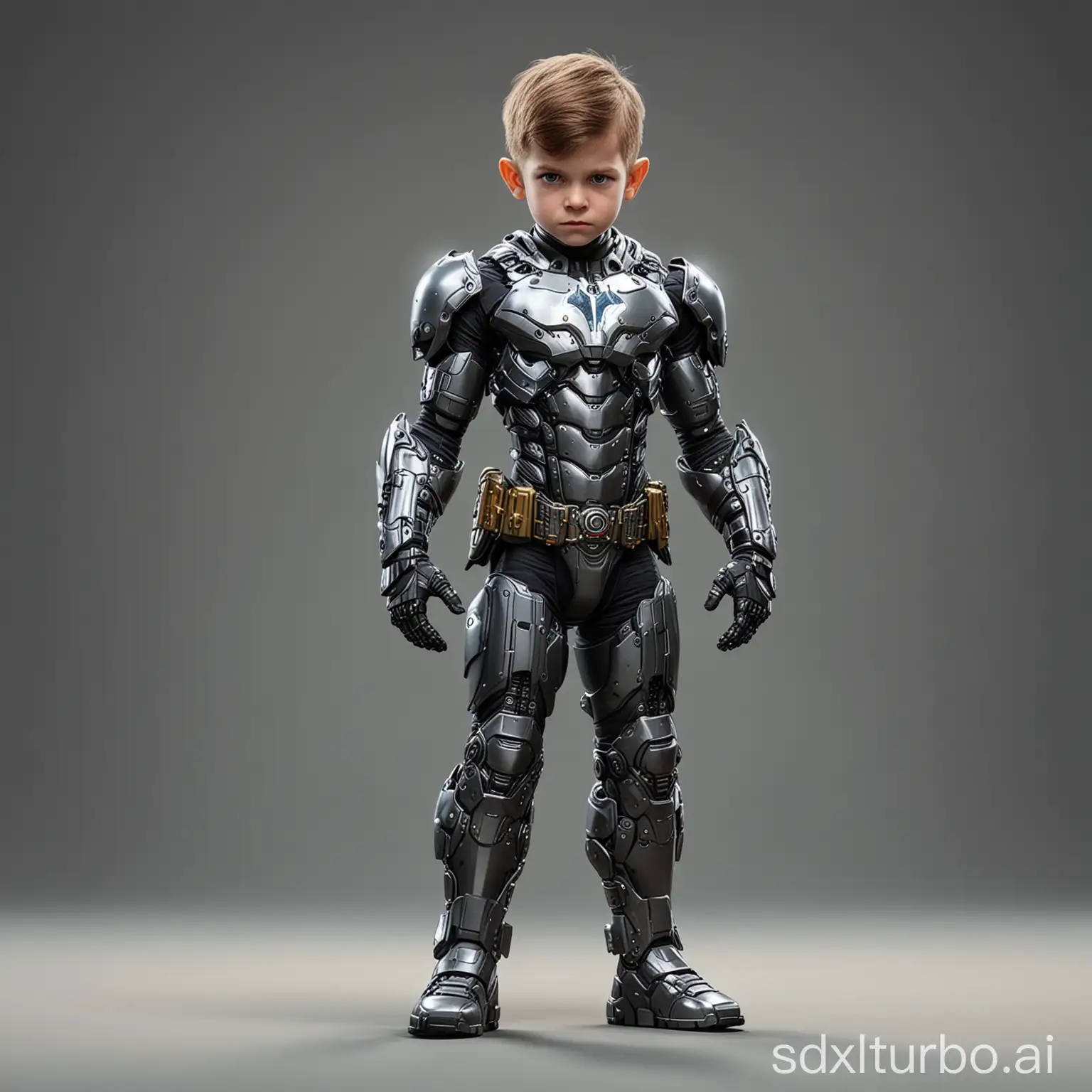 Little child batman wearing cyborg full armor, game character, stands at full height