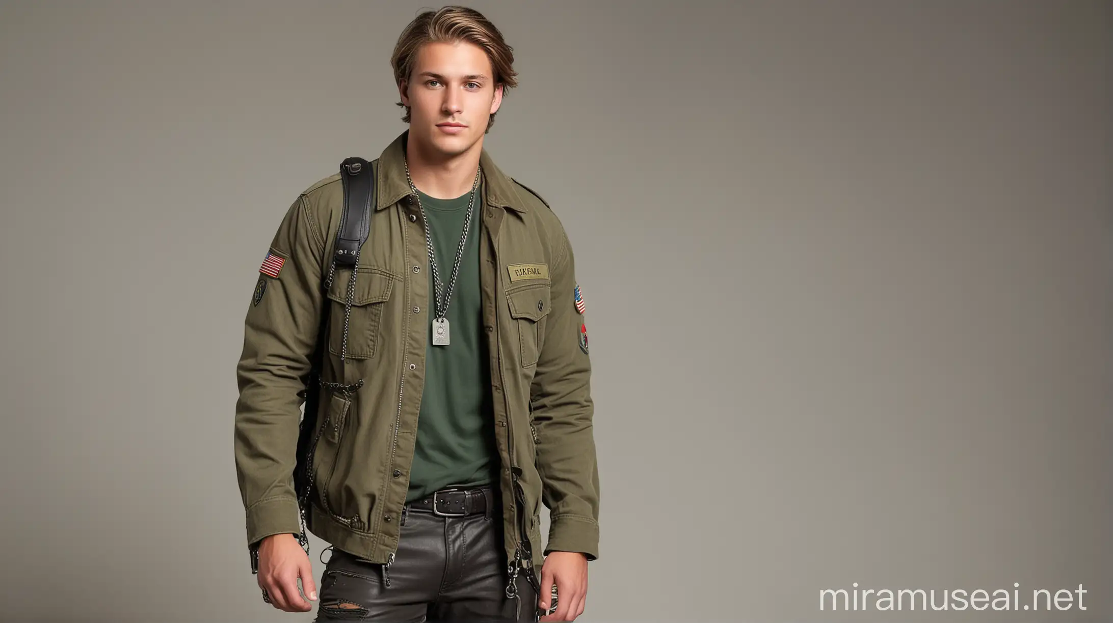 A Caucasian guy, 23 years old, blonde balayage with chin-length bob haircut. He has green eyes, wore a khaki shirt with a worn green military jacket. A leather bag on his waist, ripped dark pants, hiking leather boots and a double dog-tag chain as necklace. He carries an smart and charismatic aura. Full-body model.