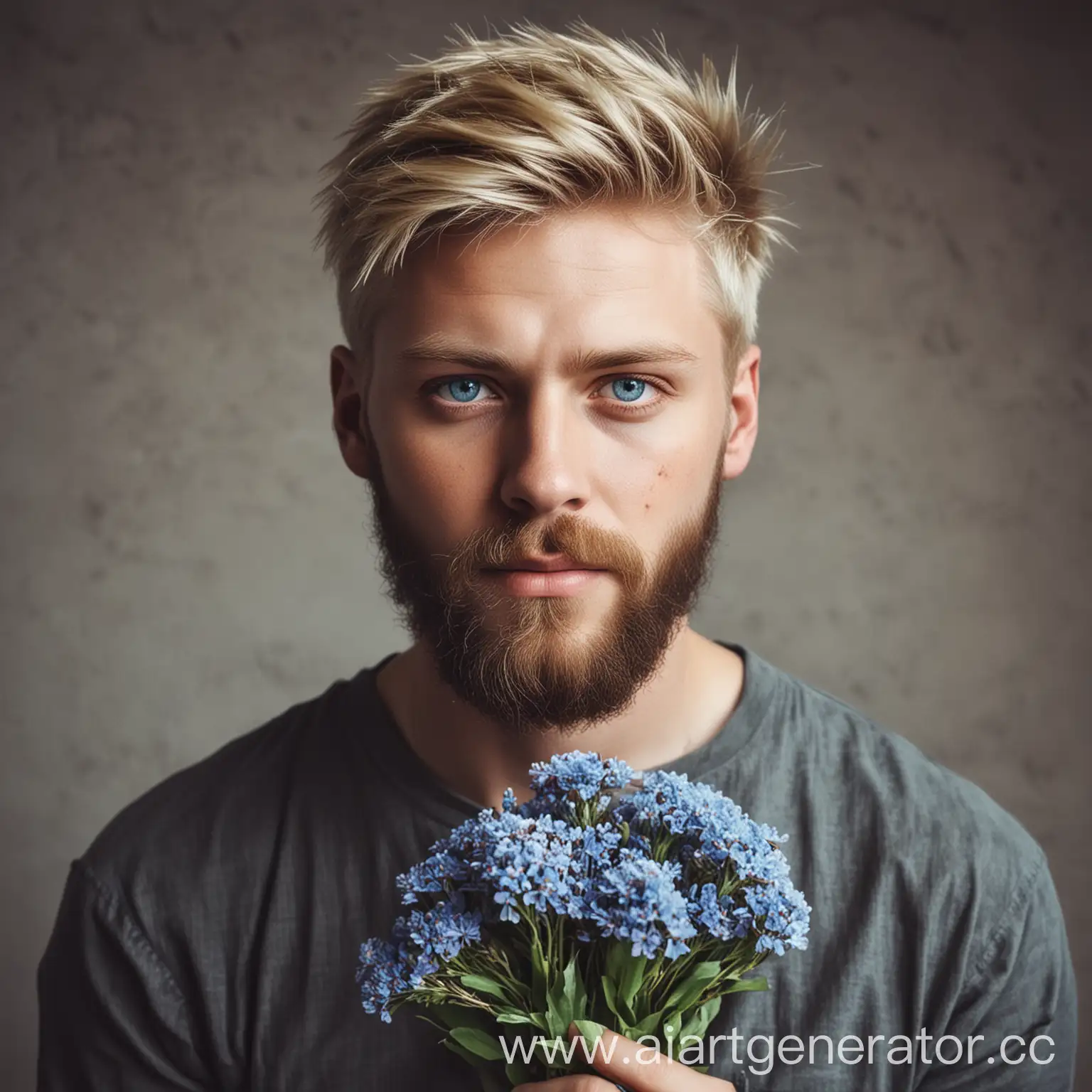 blond guy with blue eyes with a brutal beard and flowers in his hands
