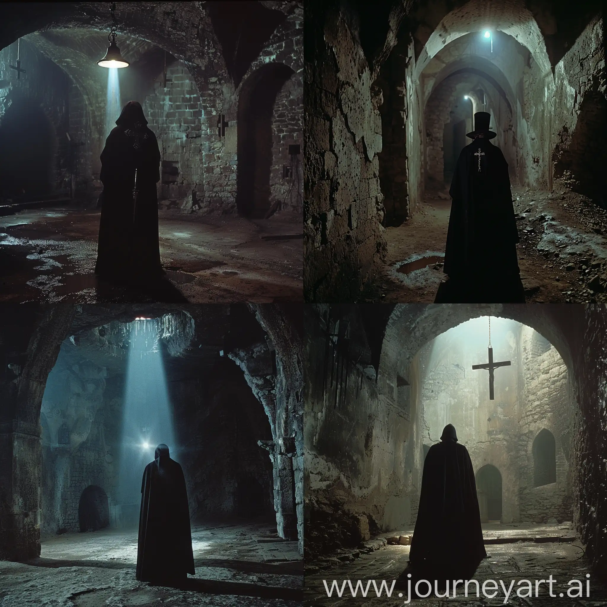 Dark-Fantasy-Inquisitor-in-a-Black-Cassock-with-a-Cross-and-Magical-Light-in-Dungeon