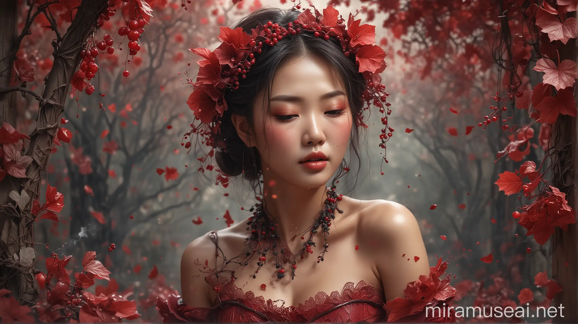 wanita cantik Korea, yang terbuat dari bunga kembang sepatu merah anggur dengan kelopak tipis dan transparan, di antara dedaunan dan semak-semak, dengan asap dan debu kedipan peri, fantasi dan suasana melamun sebagai latar belakang. gaya fantasi, warna-warna cerah, realistis ultra HDR extreme original face 