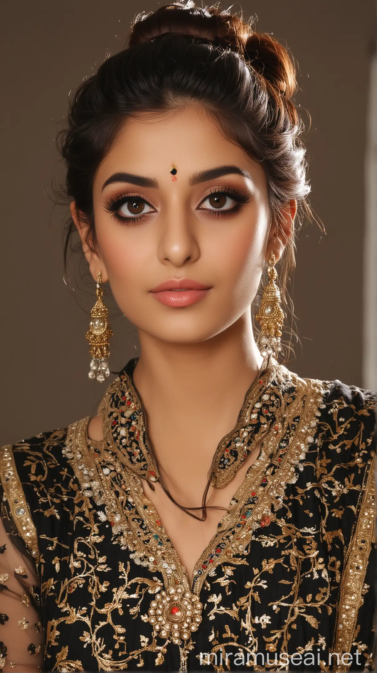 Pakistani women,,cute,,extreme attractive,,extreme beautiful,,Indian makeup,,bun messy hair style,,extra wide photo,,unique blouse 