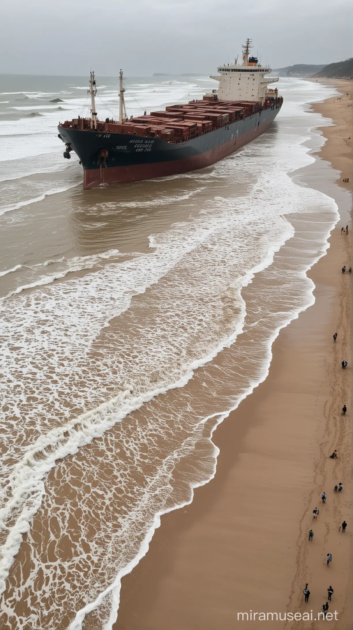 cargo ship stranded on the beach,seen was many people