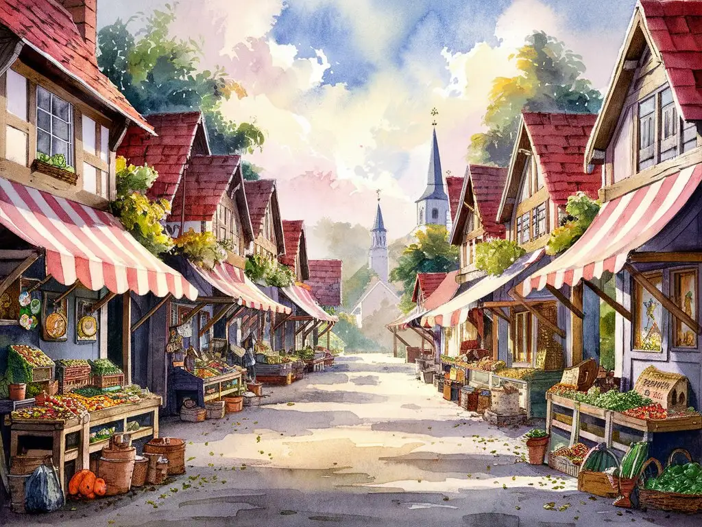 Deserted Watercolor Village Market Scene