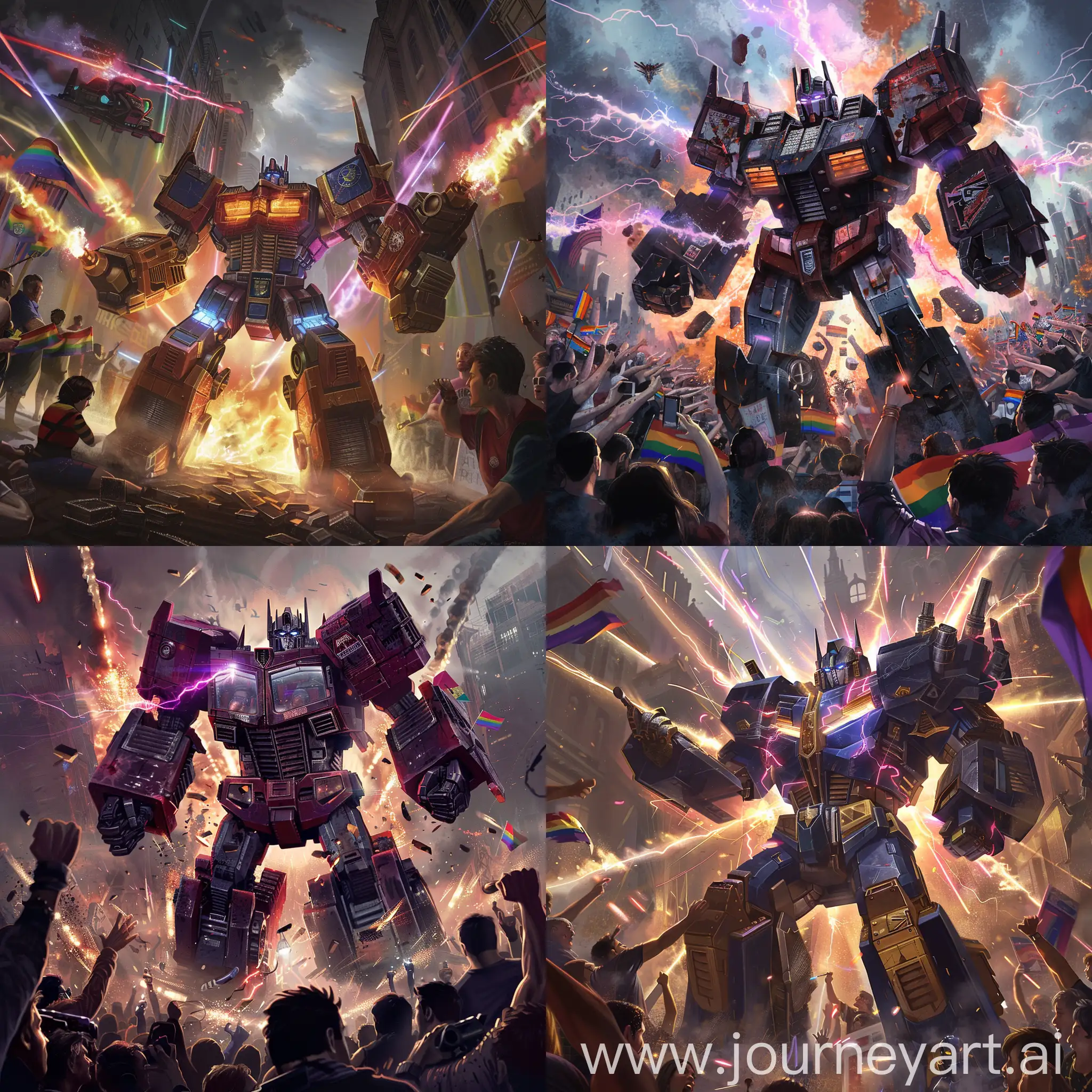 Portray the Decepticon leader Megatron in an epic battle for traditional values. In the foreground, he is dispersing the gay pride parade, demonstrating his power and determination. The background is made in dark and gloomy tones, symbolizing the conflict and drama of the scene. Megatron is depicted in his classic combat appearance, surrounded by energy discharges that emphasize his strength.