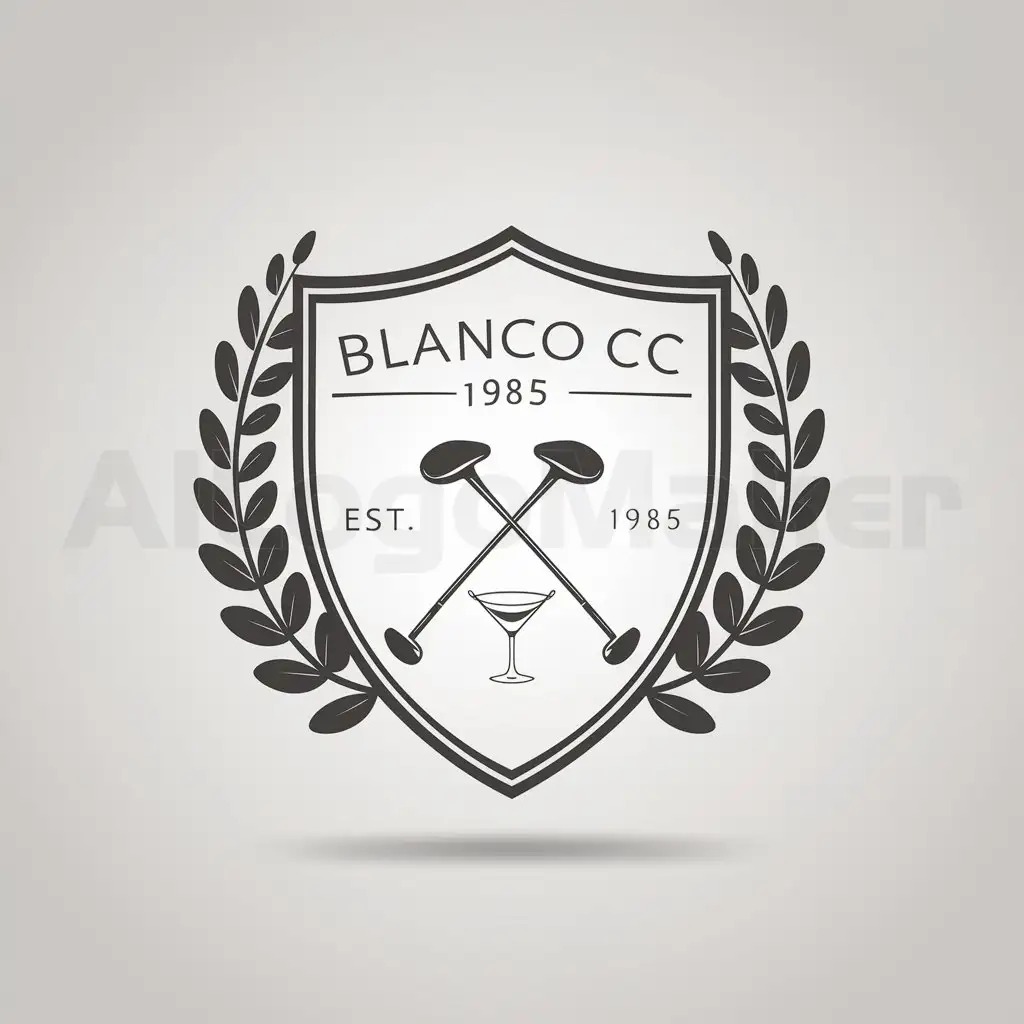 LOGO-Design-for-Blanco-CC-1985-Elegant-Shield-with-Crossed-Golf-Clubs-and-Martini-Glass