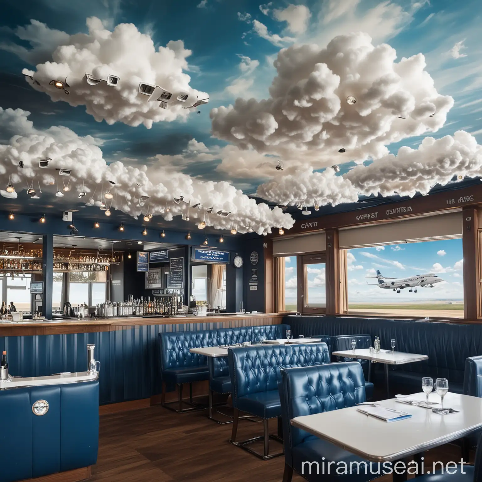 AviationThemed Cafe with Cloud Chandeliers and Flight Attendant Waiters