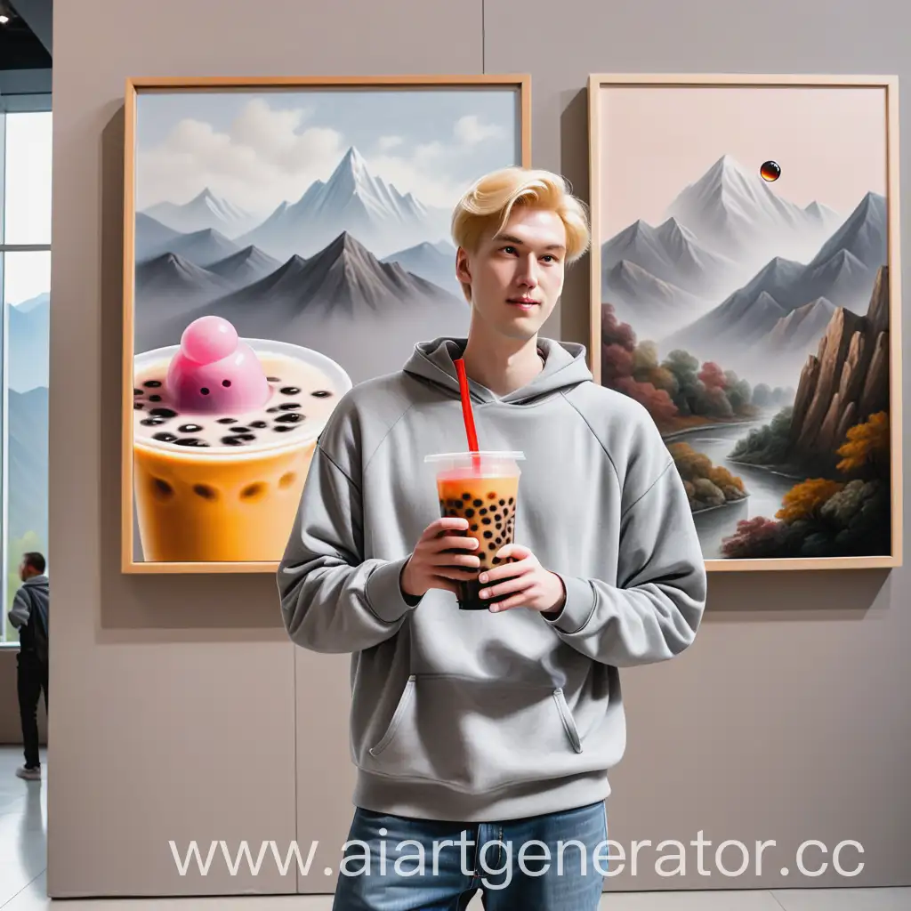 высокий парень с русыми волосами в джинсах и сером свитшоте стоит с бабл ти в руках и рассматривает картину с горами в музее современного искусства