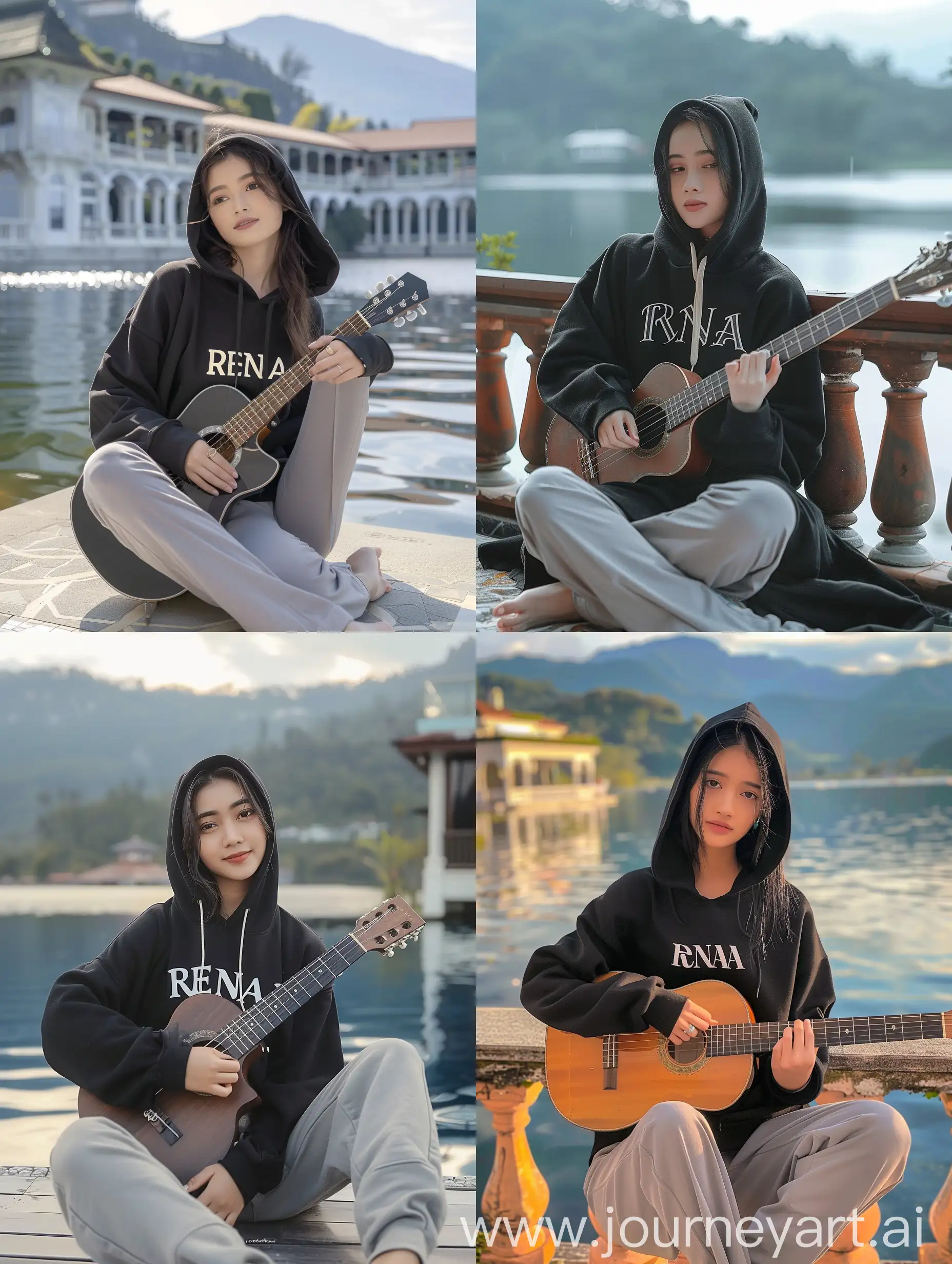 Pretty-Indonesian-Woman-in-Black-Hoodie-Playing-Guitar-by-the-Lake
