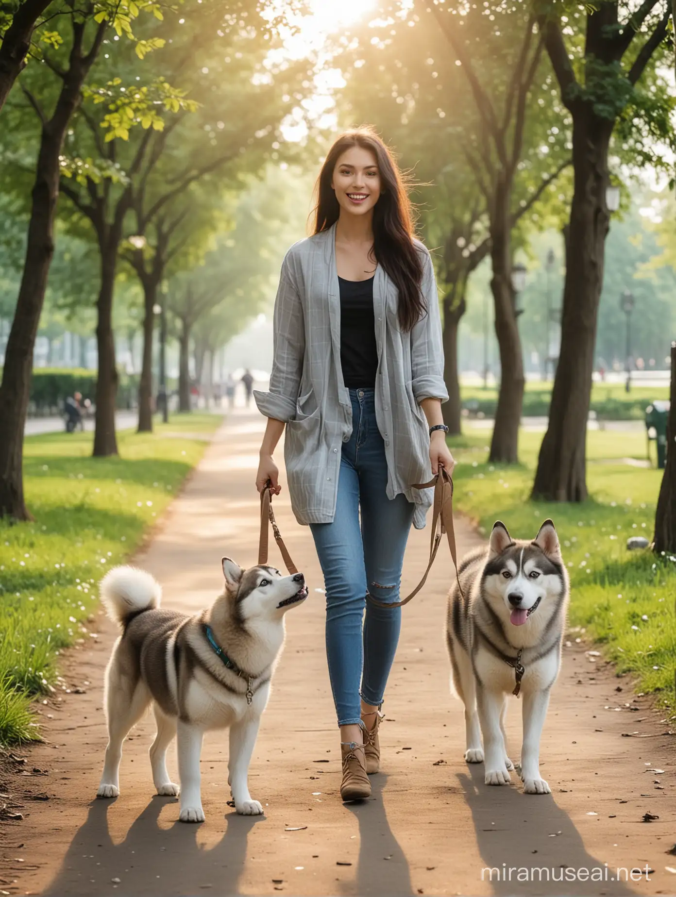 Beautiful Woman Walking with Husky in Lush Green Park Morning Stroll 4K Photo