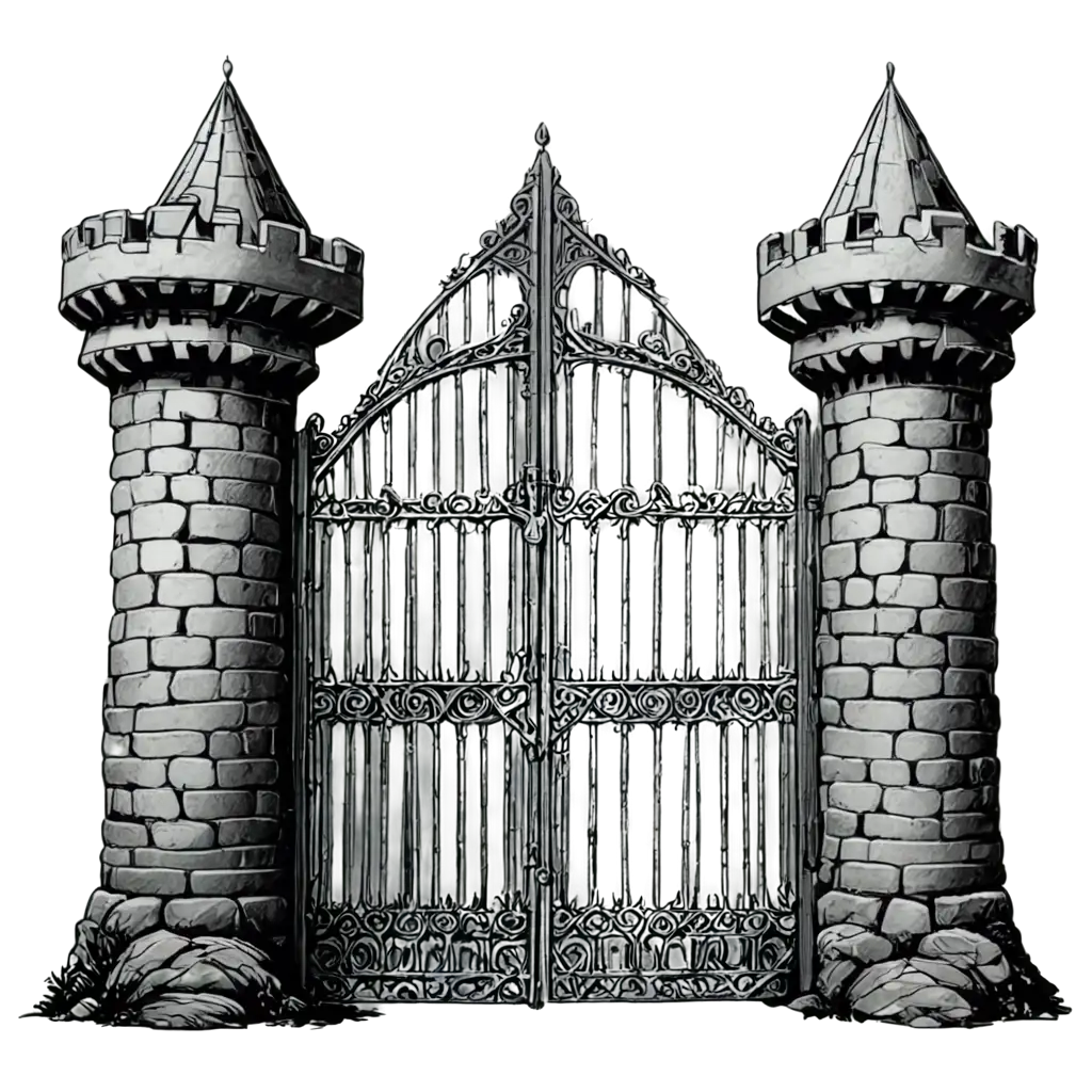 black and white drawn castle wall with a gate, high fantasy