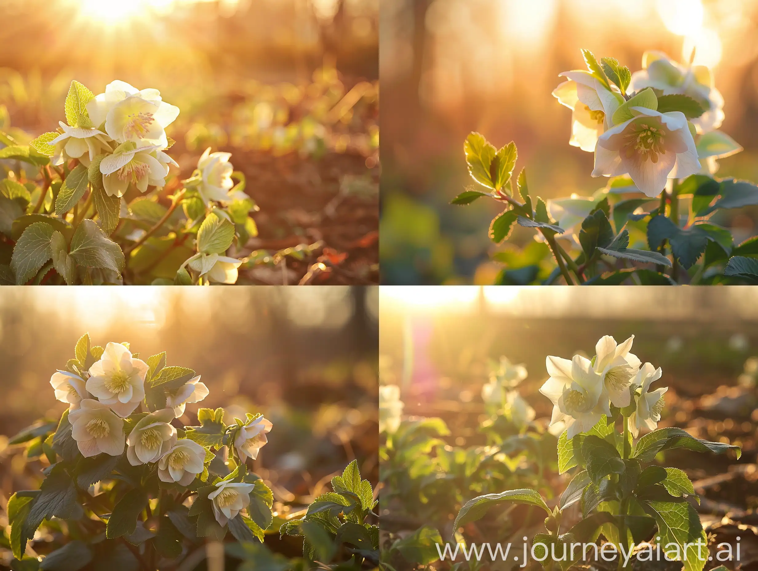 High detailed photo capturing a Hellebore, Wedding Party® Blushing Bridesmaid. The sun, casting a warm, golden glow, bathes the scene in a serene ambiance, illuminating the intricate details of each element. The composition centers on a Hellebore, Wedding Party® Blushing Bridesmaid. Hellebores are beloved for their valiant show of late winter color, creating ever-expanding sanctuaries of color in the shade. Choice, rare, cultivar is an outstanding bloomer: striking for its ravishment of white 2-2.5" double-flowers with attractive ras. The image evokes a sense of tranquility and natural beauty, inviting viewers to immerse themselves in the splendor of the landscape. --ar 16:9 