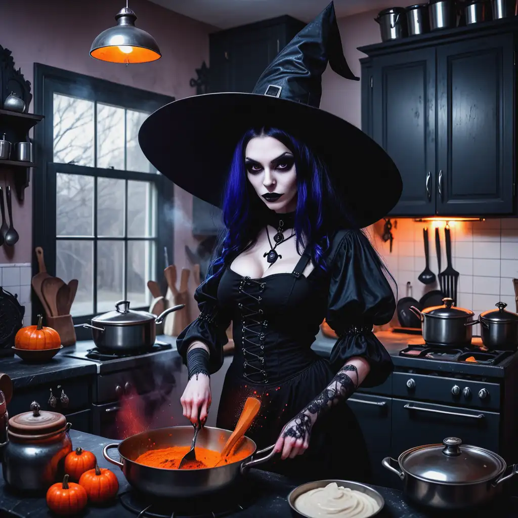 A BEAUTIFUL DARK WITCH IN A GOTH KITCHEN COOKING