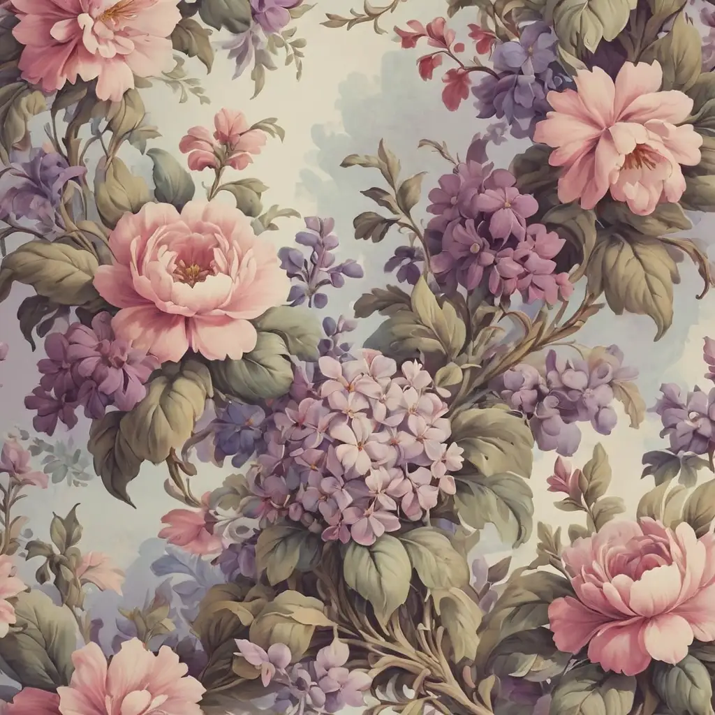 Vintage Rococo Garden Wallpaper Watercolor Floral in Purple and Pink