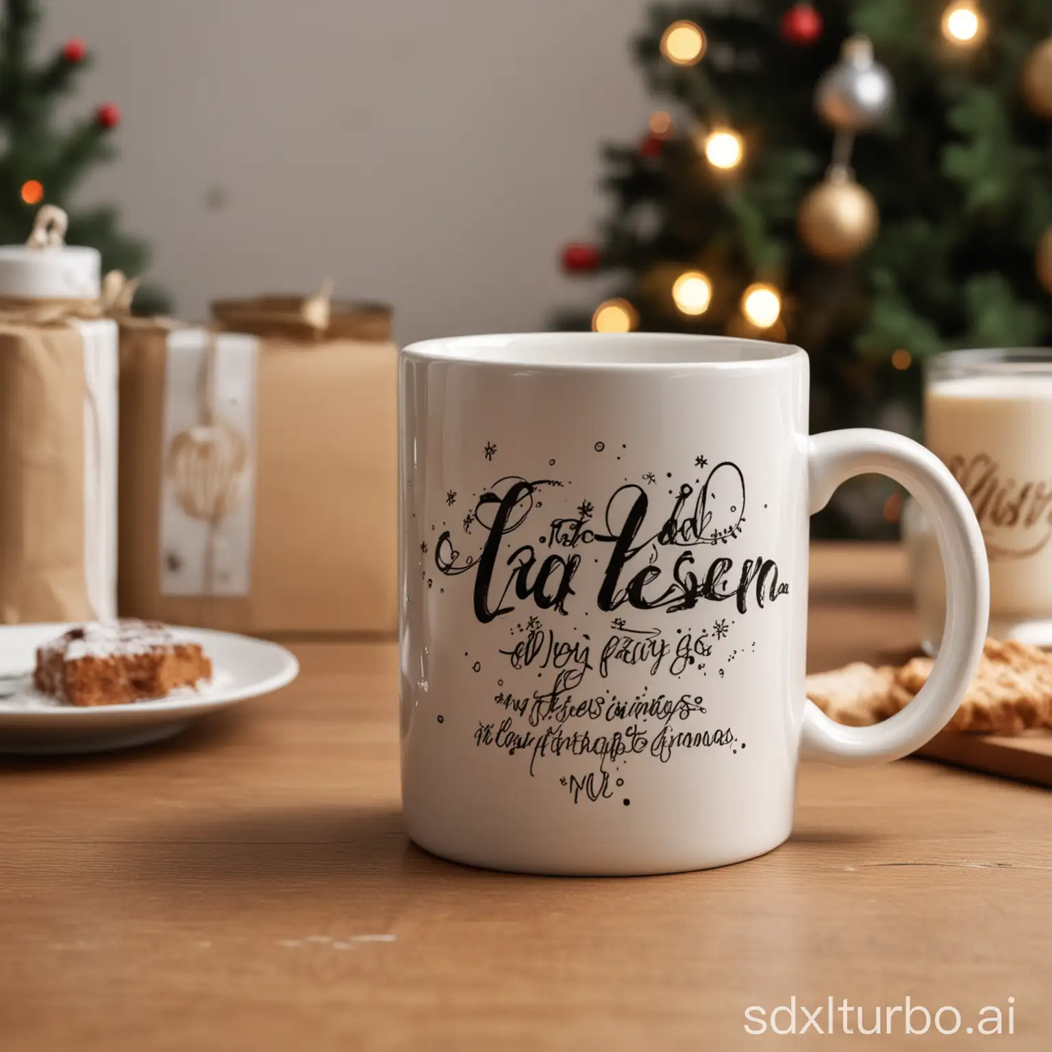 ceramic mug  printed with script text that reads "Add Your Design" exactly n initial caps at Christmas party with people drinking coffee in the background
