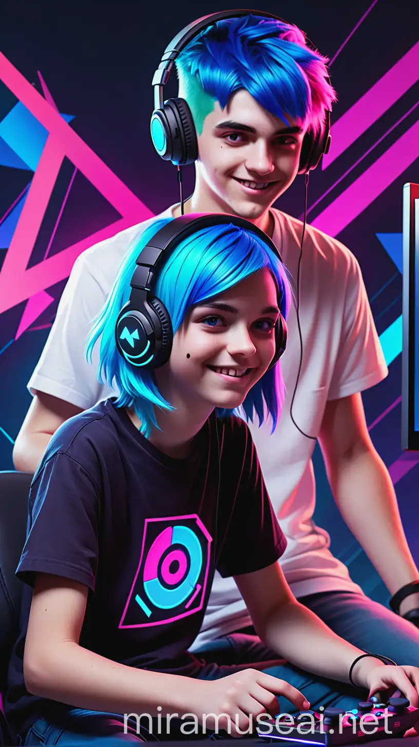 Teen Gamers with Electric Blue and Neon Pink Hair Playing Video Games