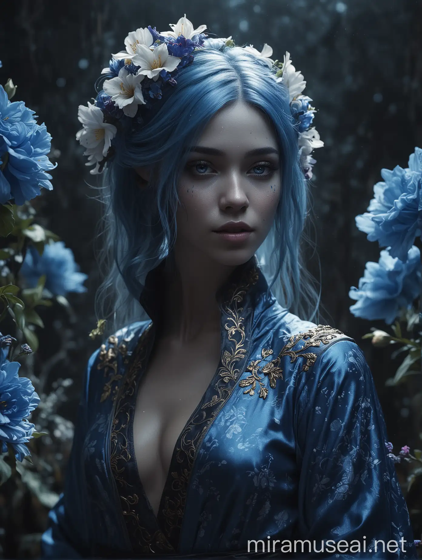Princess, blue skinned galactic andromedan female, regal, sexy, flowing blue robe, dark, epic, cinematic, flowers, portrait