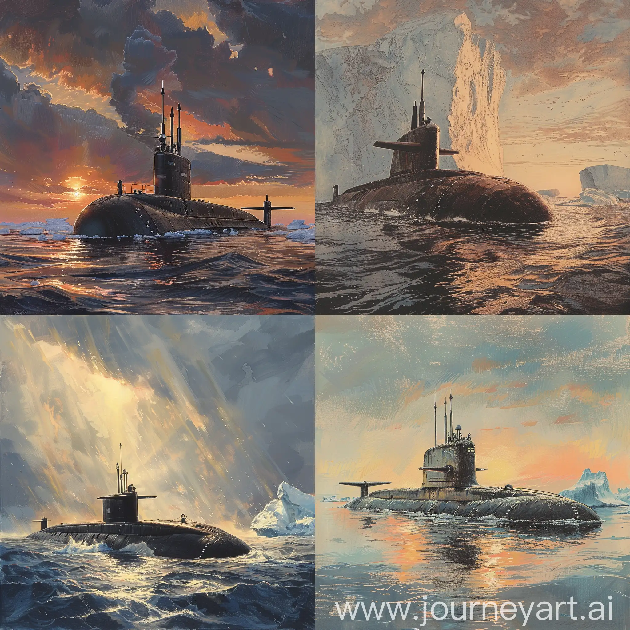 潜水艇卡在冰山中的艺术插画，冰海，早晨光线，戏剧性视角