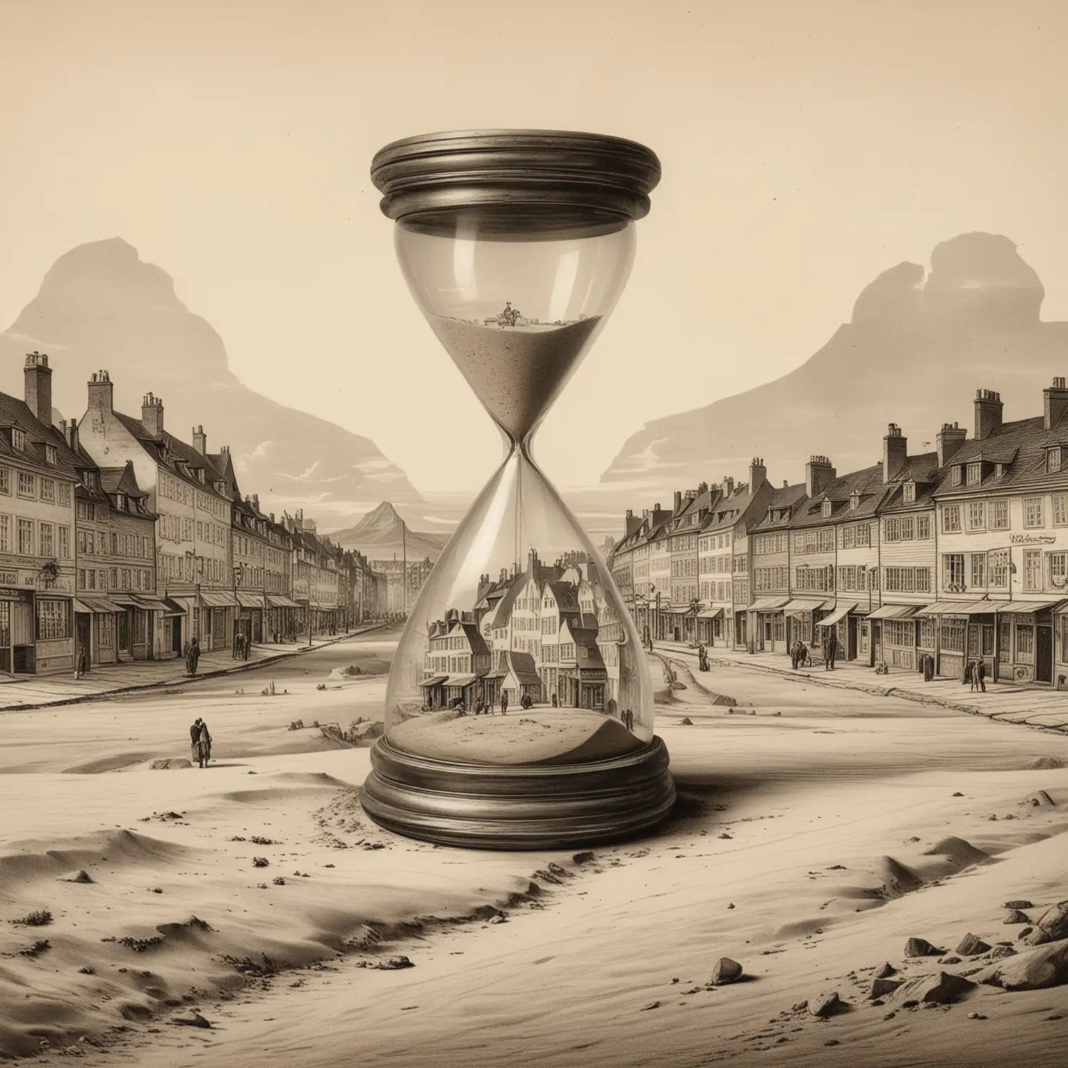 Vintage Hourglass with 1850 Copenhagen Street Scene Etching