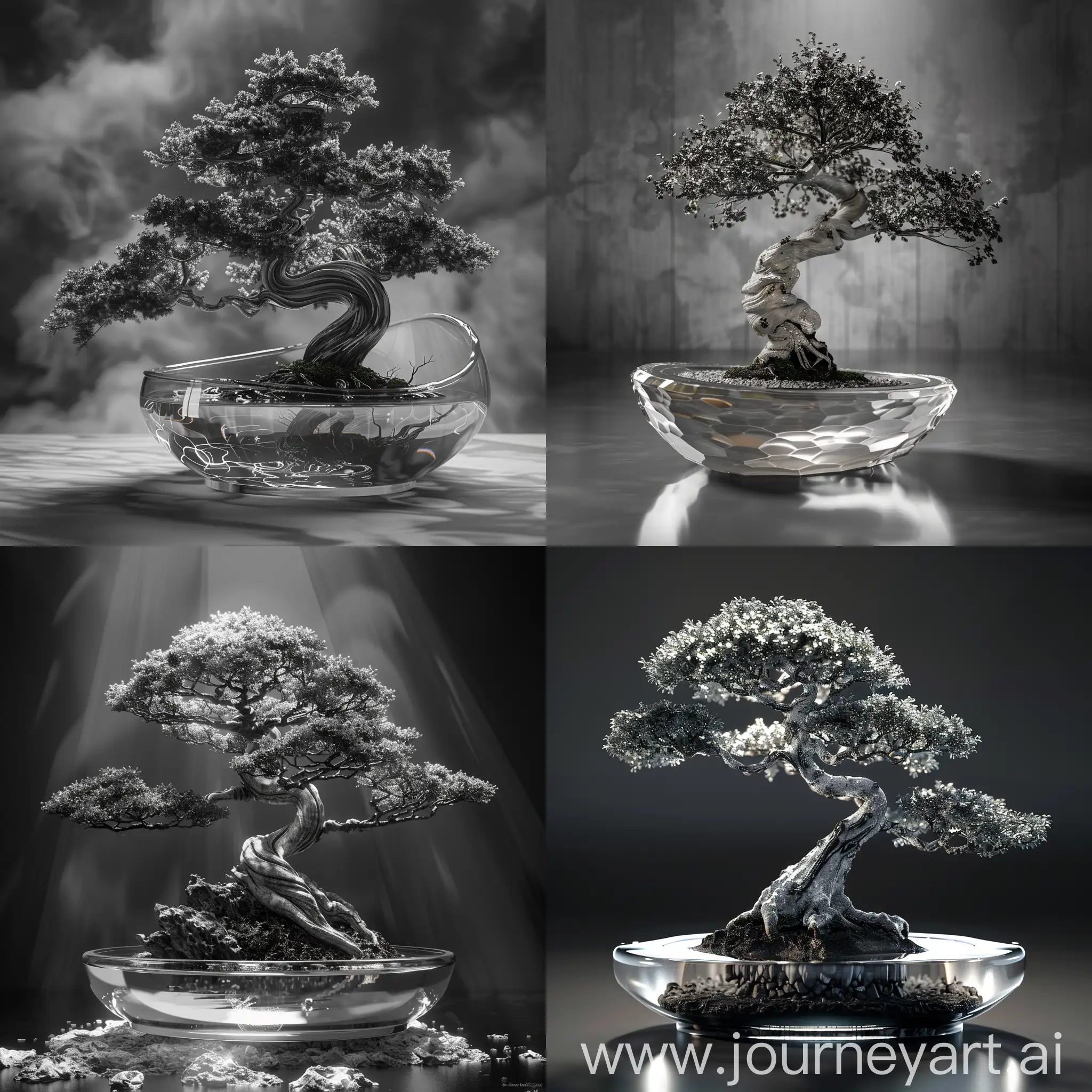 A photorealistic Japanese bonsai tree in a designer pot, a glass pot made of dense material, pure from the living. The photo was taken in a mysterious 8k resolution with an average viewing angle on a monochrome background