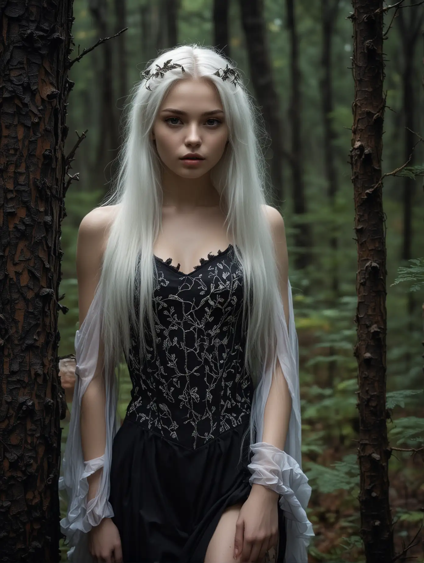 Photo of a beautiful 18 y.o. russian model, perfect body, white hair, in dark forest, dark fantasy theme, upper body view