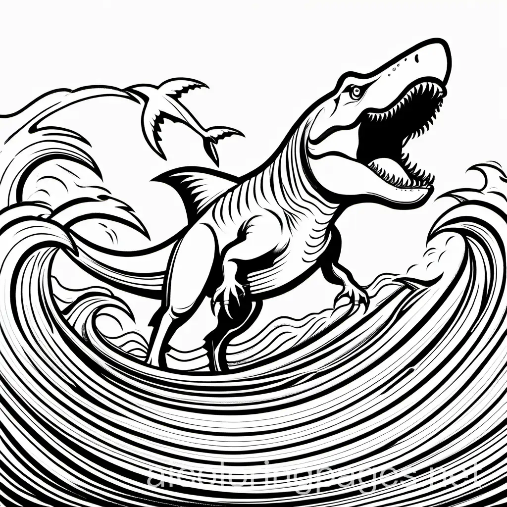 a t rex fighting a shark, Coloring Page, black and white, line art, white background, Simplicity, Ample White Space. The background of the coloring page is plain white to make it easy for young children to color within the lines. The outlines of all the subjects are easy to distinguish, making it simple for kids to color without too much difficulty