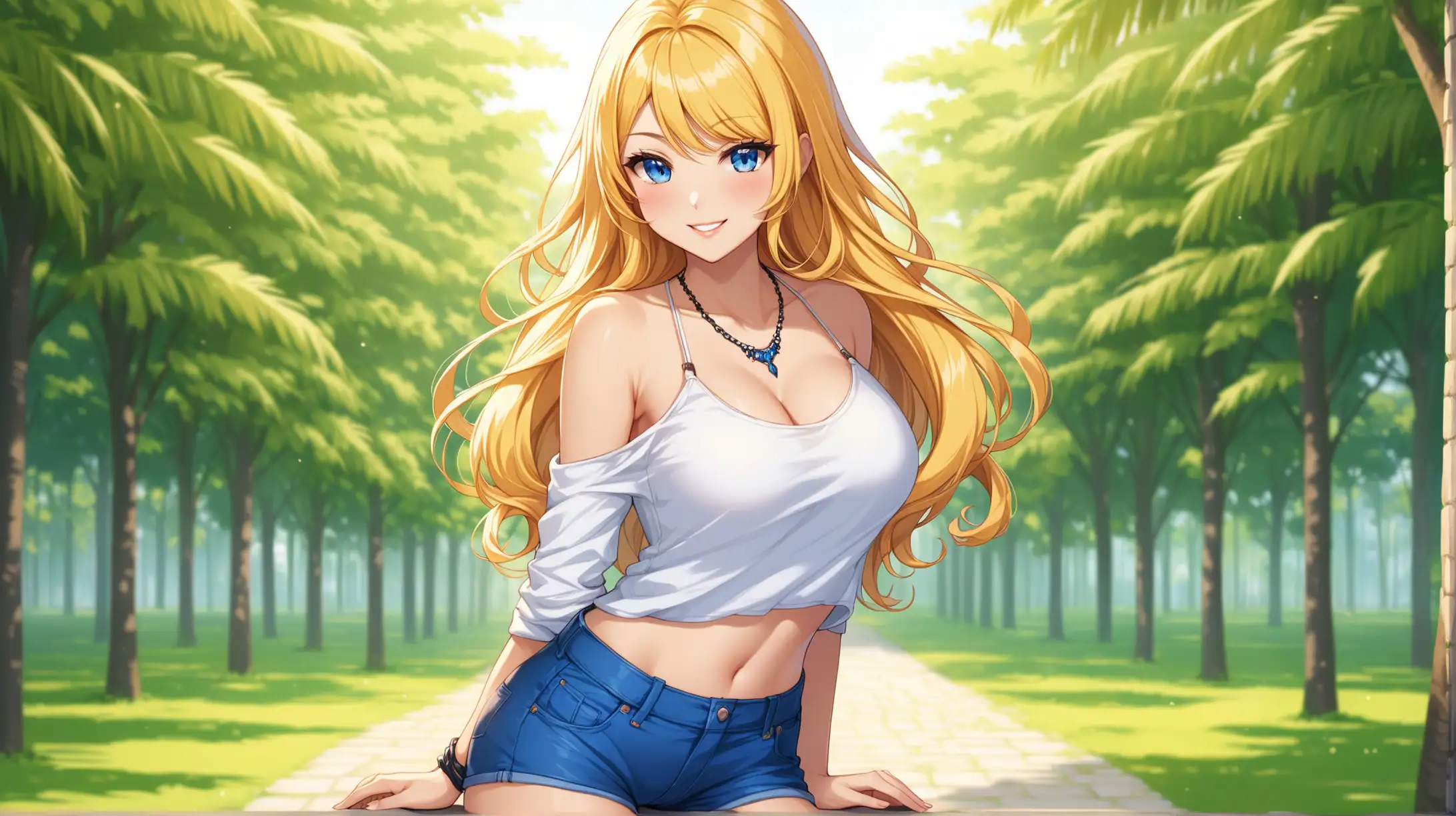 Draw the character Navia, long, blonde, drill hair, blue eyes, high quality, natural lighting, long shot, outdoors, seductive pose, casual outfit, revealing, smiling at the viewer