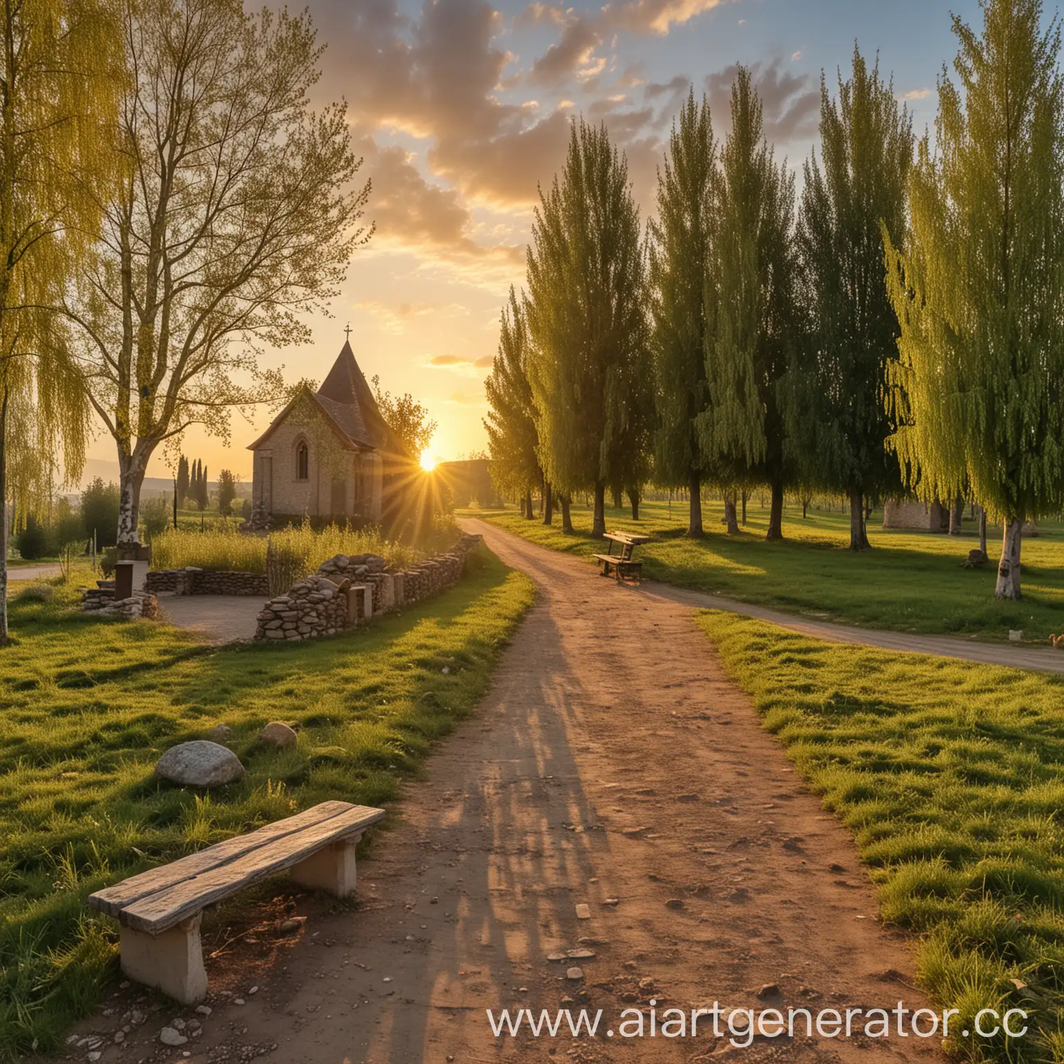 Rural-Sunset-Landscape-with-Old-Chapel-Well-and-Cherry-Orchard