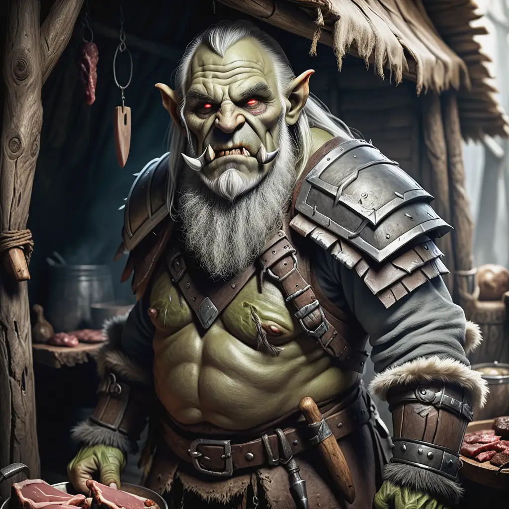 Fantasy Old Orc with Long Grey Beard in Hide Armour in Hut with Meat