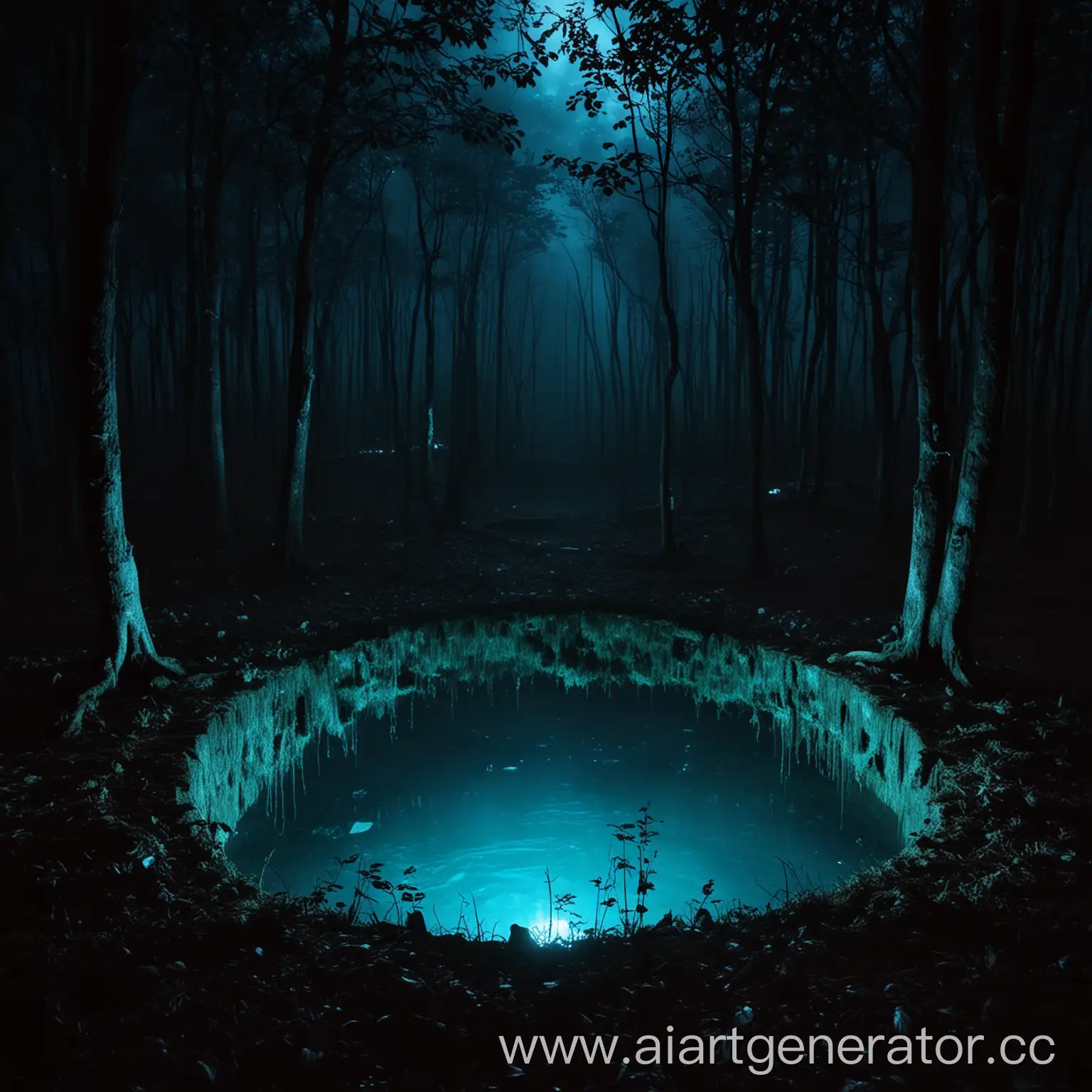 ночью  темный лес  посередине колодец в колодце синее свечение 