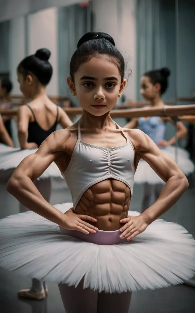 8 years old arabian ballerina, muscular, showing her belly, at ballet class