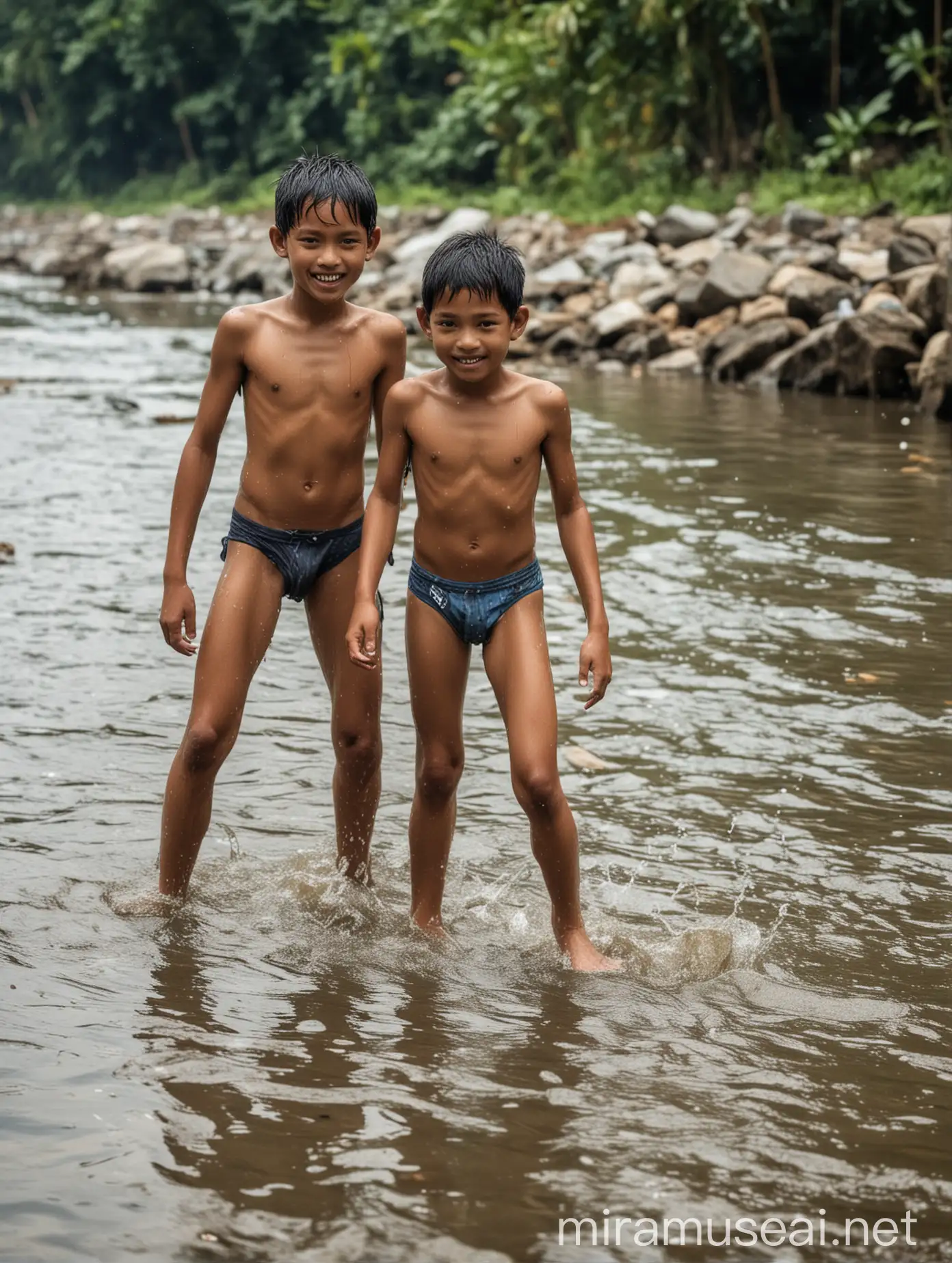 Two Indonesian Boys Playing in River in Underwear