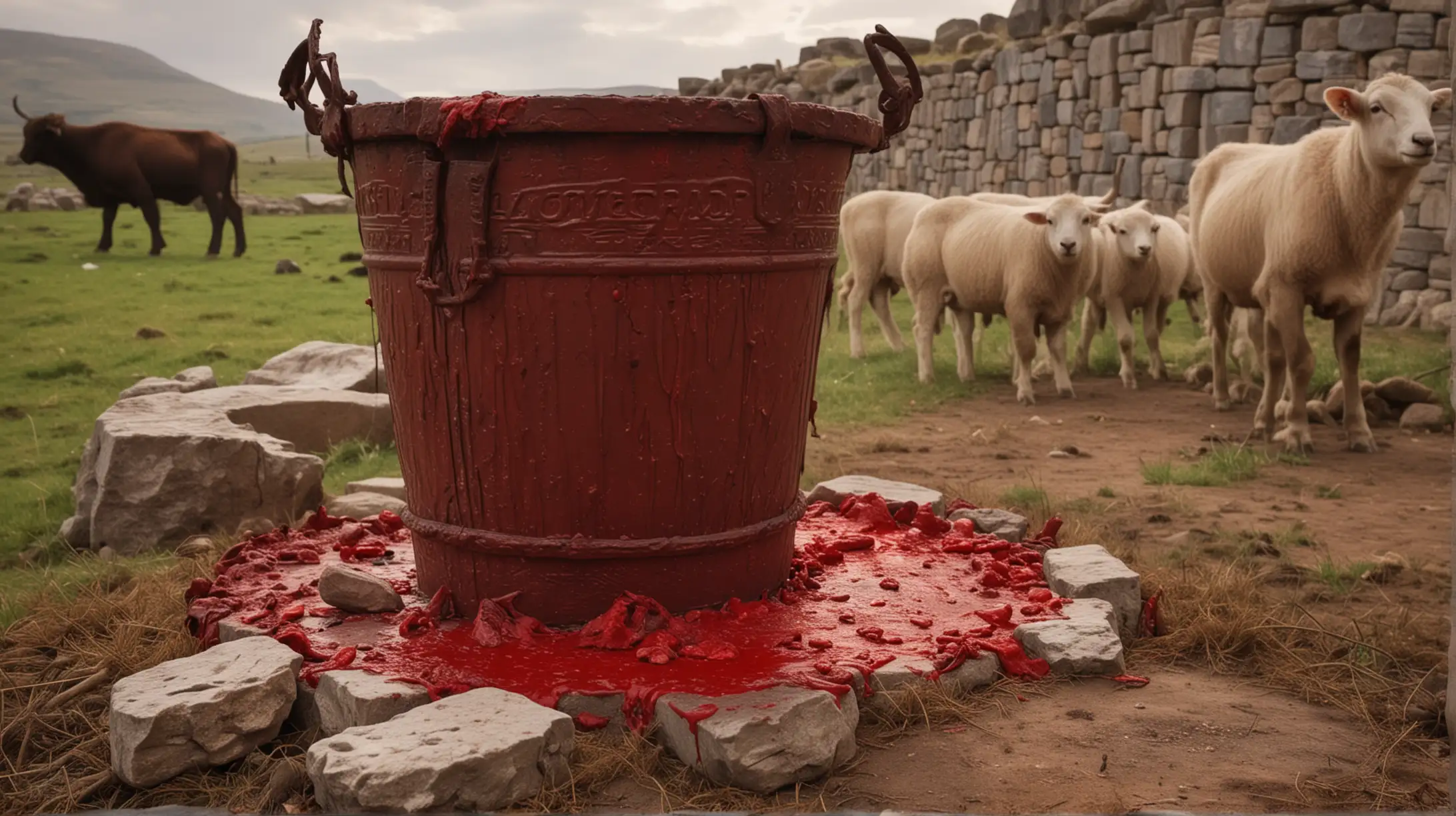 A close up of a bucket of red paint, with some oxen and lambs and a flaming sacrificial stone altar in the background, in the Era of the Biblcal Moses.