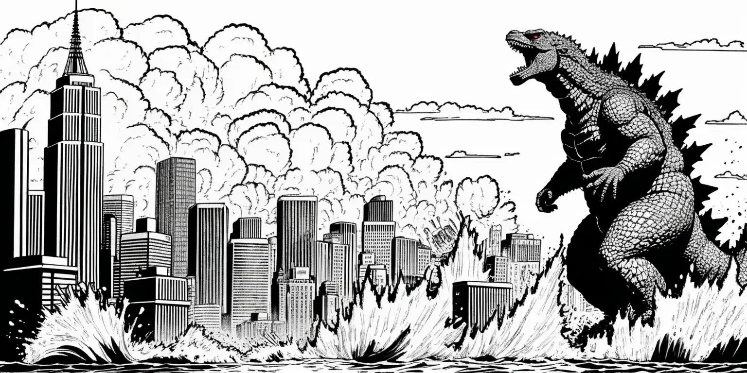 Godzilla ink line art. Comic book style. Godzilla destroying a city.