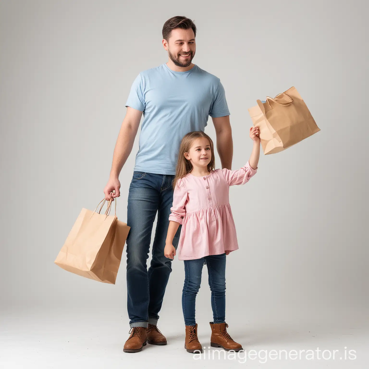 Father-and-Daughter-Shopping-Together-with-Shopping-Bag-on-White-Background