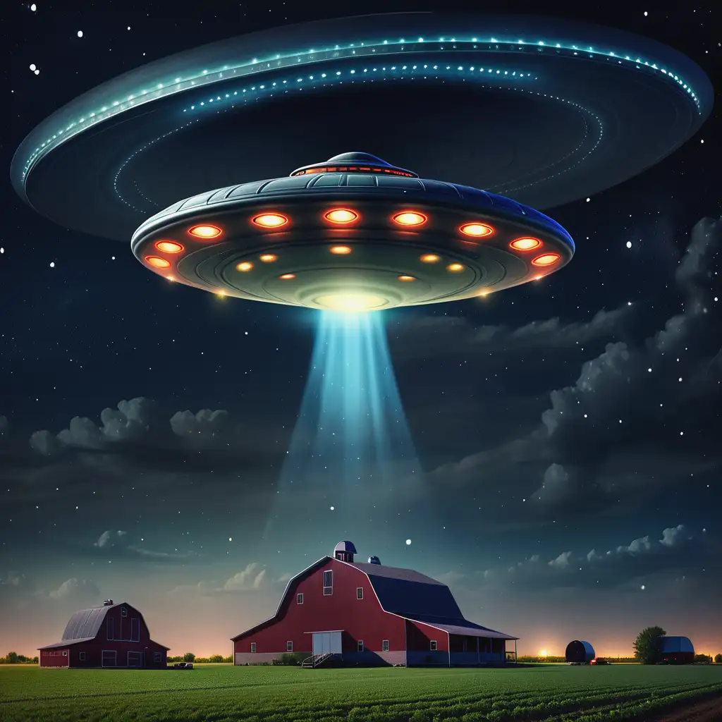 Flying Saucer Spaceship Over Midwest Farm at Night with Starry Sky