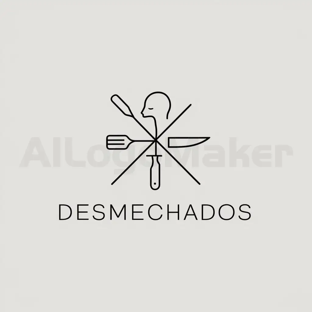 a logo design,with the text "DESMECHADOS", main symbol:una espátula de cocina in cross with a chef knife and on top the one image of a person without hair,Minimalistic,clear background