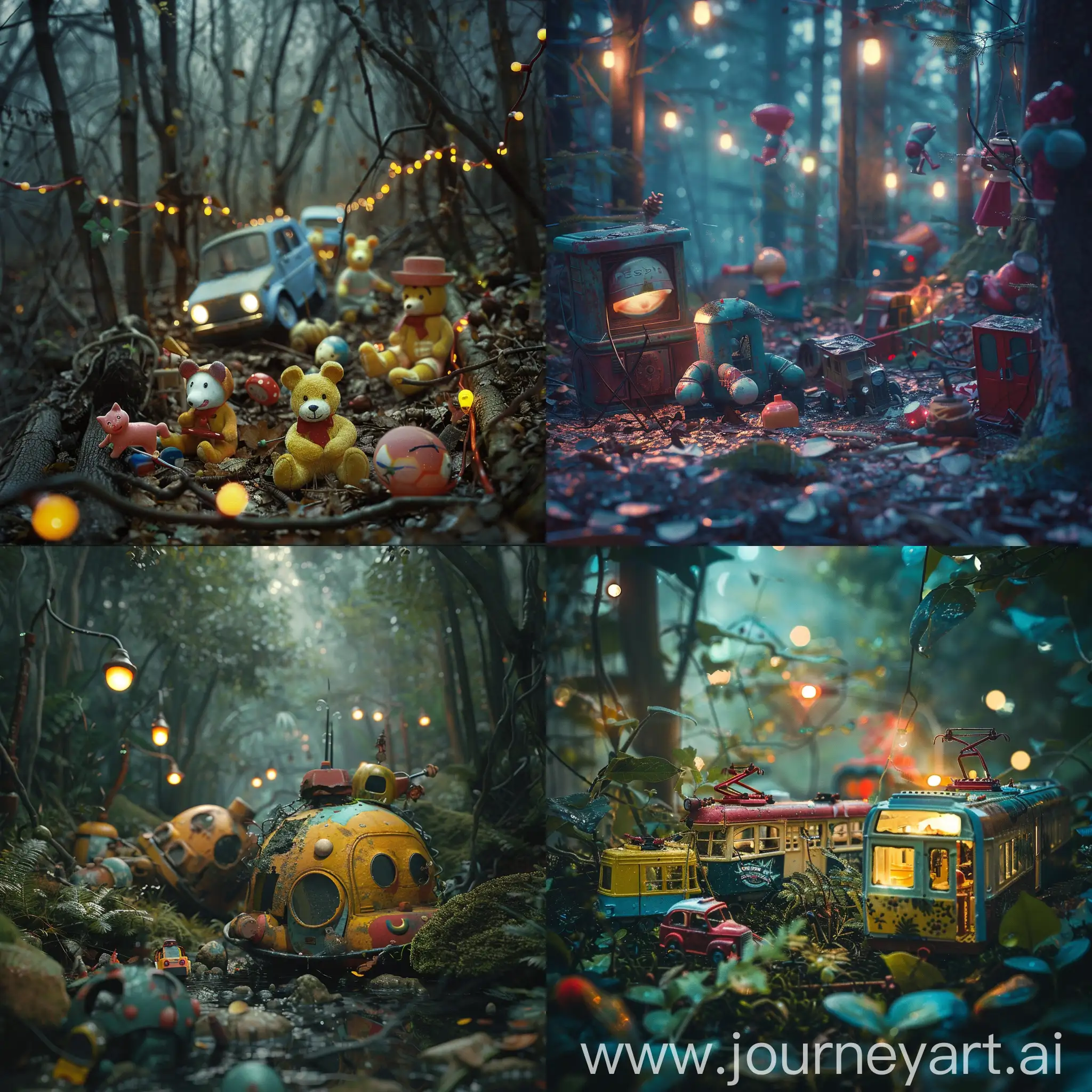 vivid toys are abandoned in a thick forest, surreal lights 