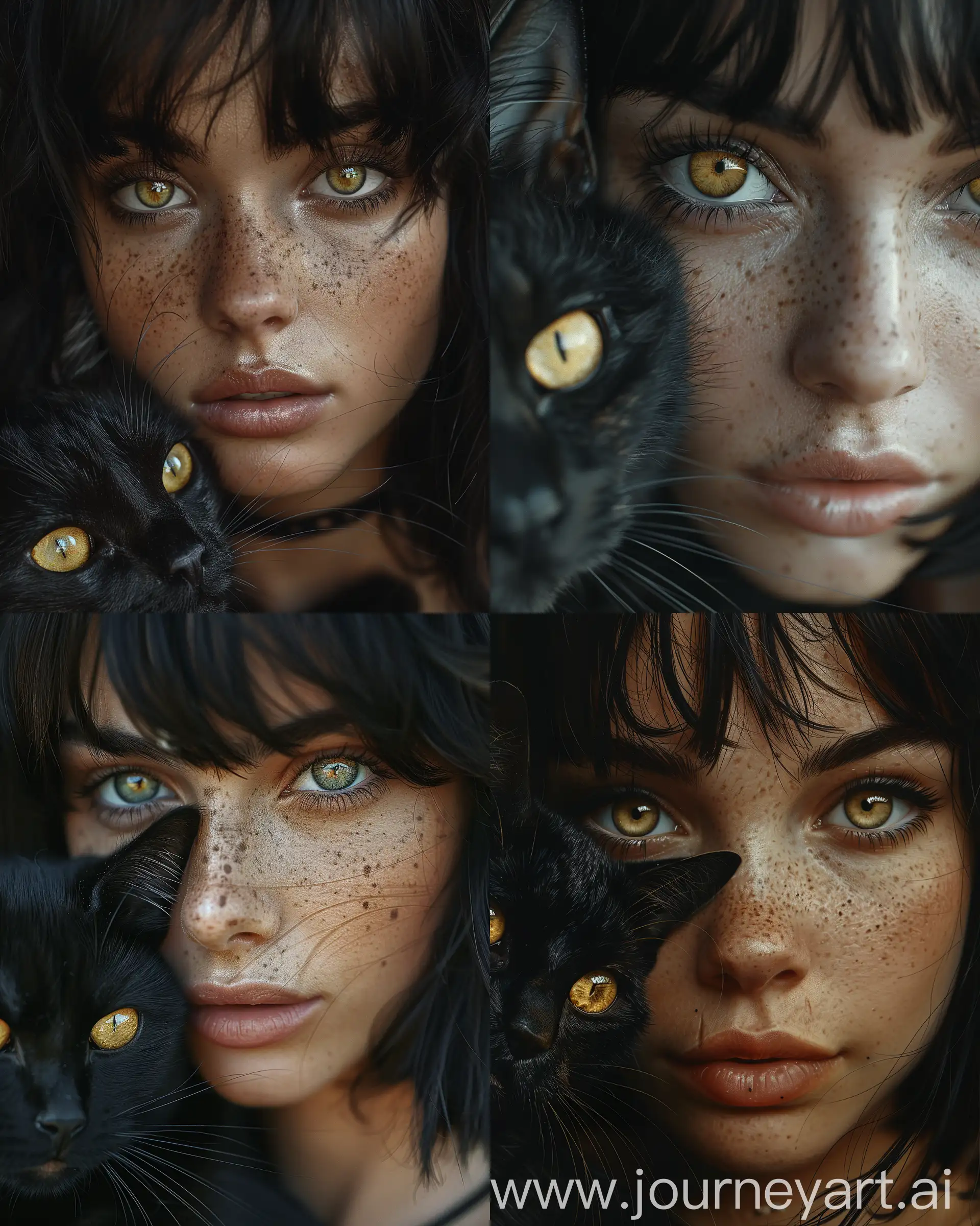 !mj1 Close-up portrait of a young woman with a black bob haircut, holding a black cat in front of her face, both having striking yellow eyes, intimate and mysterious atmosphere, inspired by contemporary portrait photography, soft lighting, detailed textures, realistic shading, capturing the bond between the woman and her cat, emphasizing the contrast between their dark features and the bright eyes, highly detailed, realistic skin and fur textures --ar 4:5 --s 500 --v 6