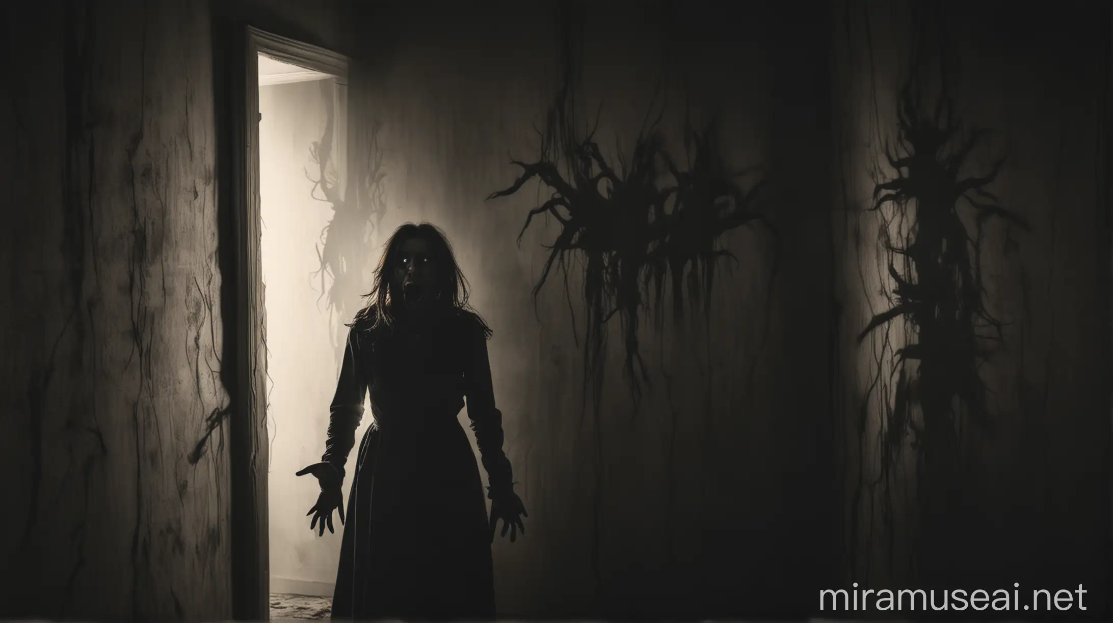 
Create an image of a terrified woman seeing a demonic shadow behind her, terror, creepy
