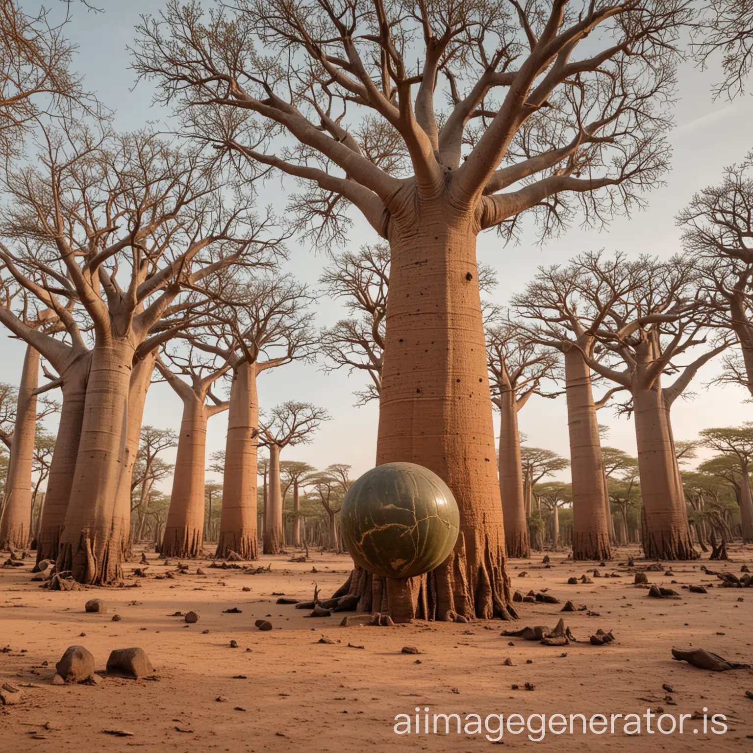 
a baobab forest, seen from the camera close to the ground with a sphere in the foreground of the camera
light sunset