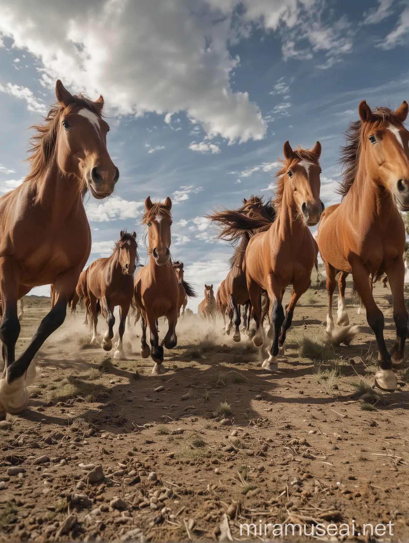  wild horses running toward viewed by wide angle lens, view is close to the ground near the hooves 
