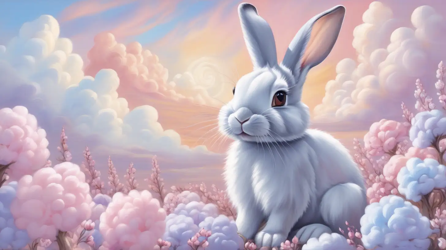 oil painting of a cute rabbit. Surrounded by pastel pink and purple cotton candy flowers and white cotton candy clouds. swirling lollipops, #F8C8DC