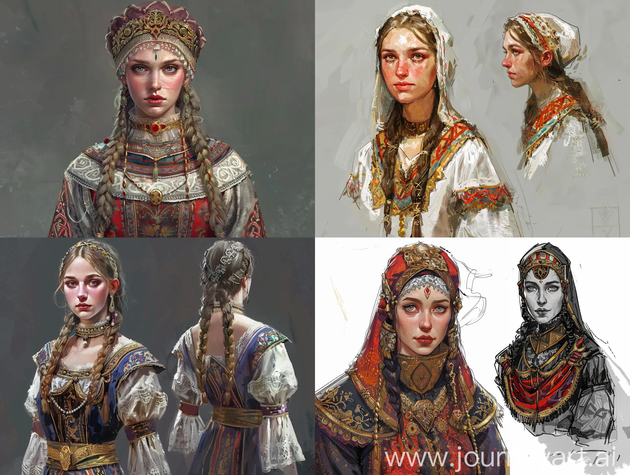 concept art of Vasilisa the Beautiful, the main character of the game in the Slavic setting in the genre of souls-like in kokoshnik