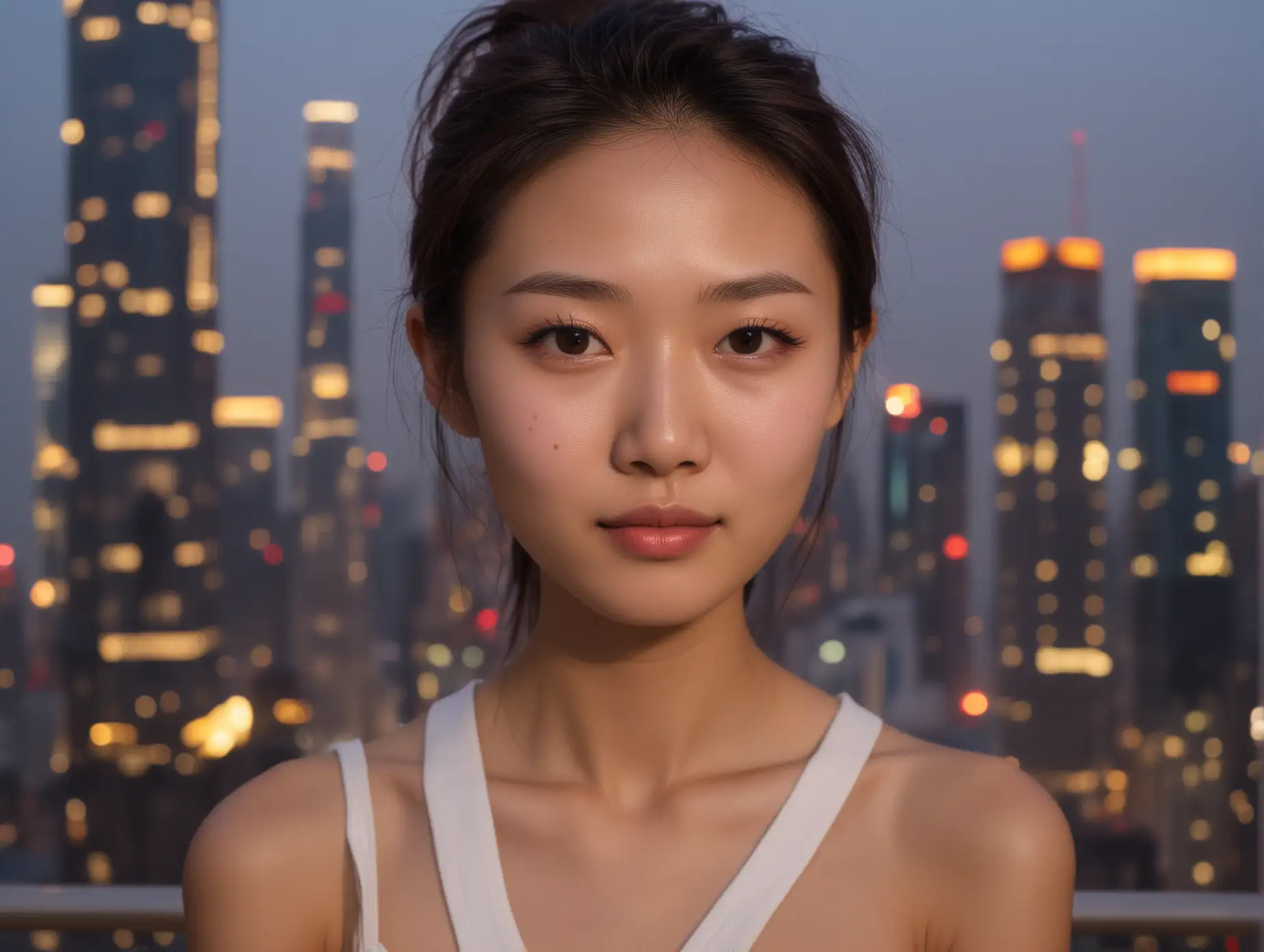 face of an angelic skinny chinese masseuse at a party at dusk in a luxury high rise in shanghai. she has a sweet kind face and soulful intelligent eyes.